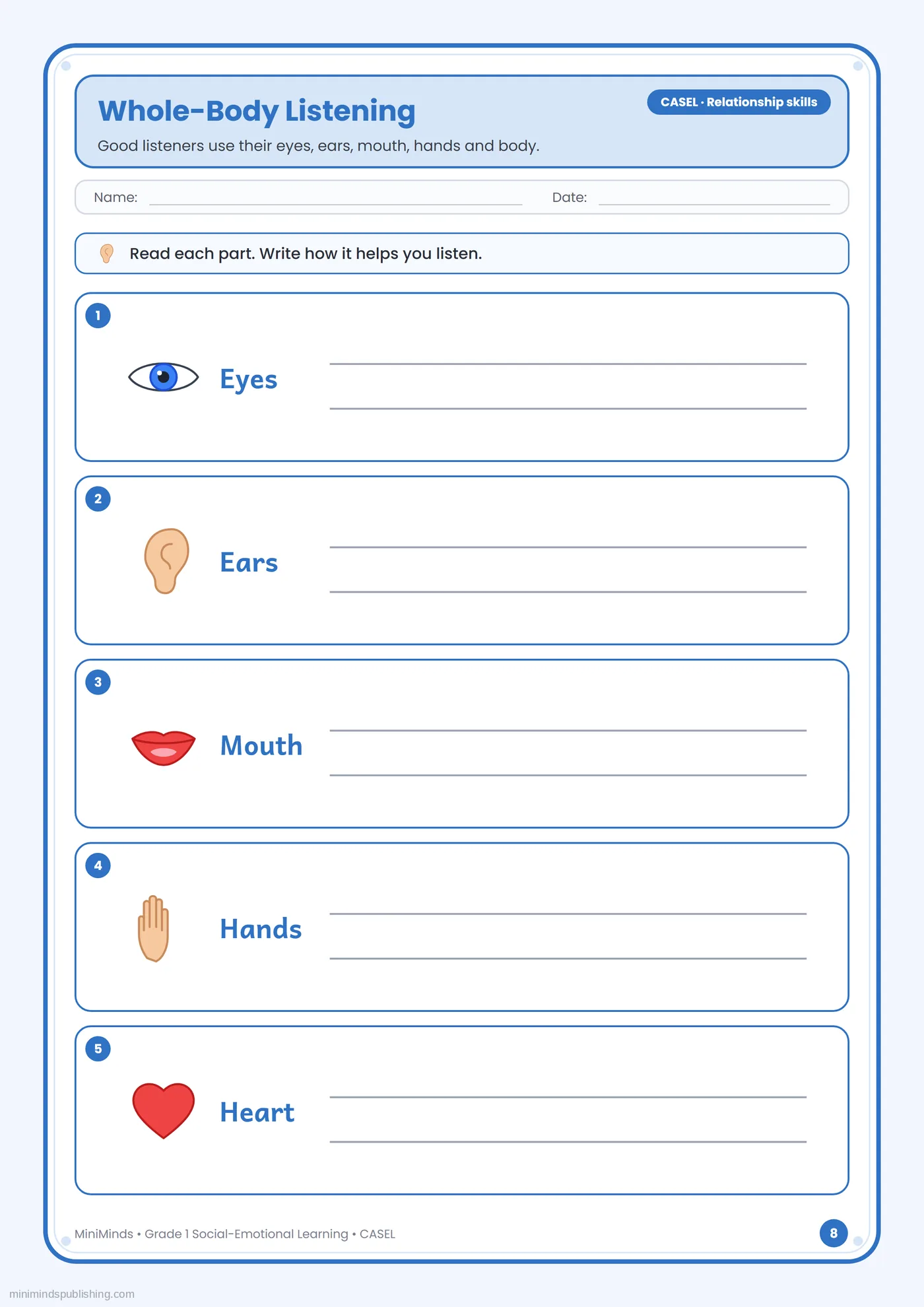 Whole-Body Listening — free printable 1st Grade social-emotional learning worksheet for ages 6-7