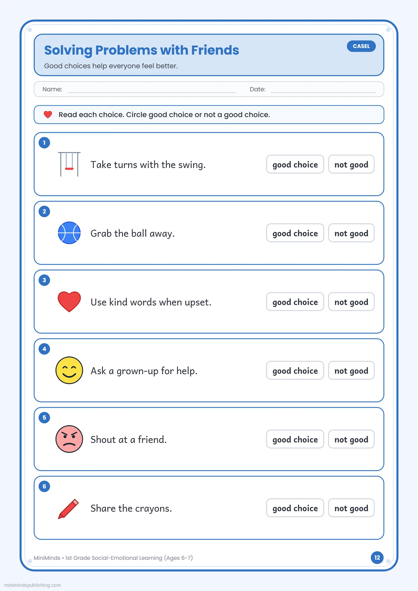 Solving Problems with Friends — free printable 1st Grade social-emotional learning worksheet for ages 6-7