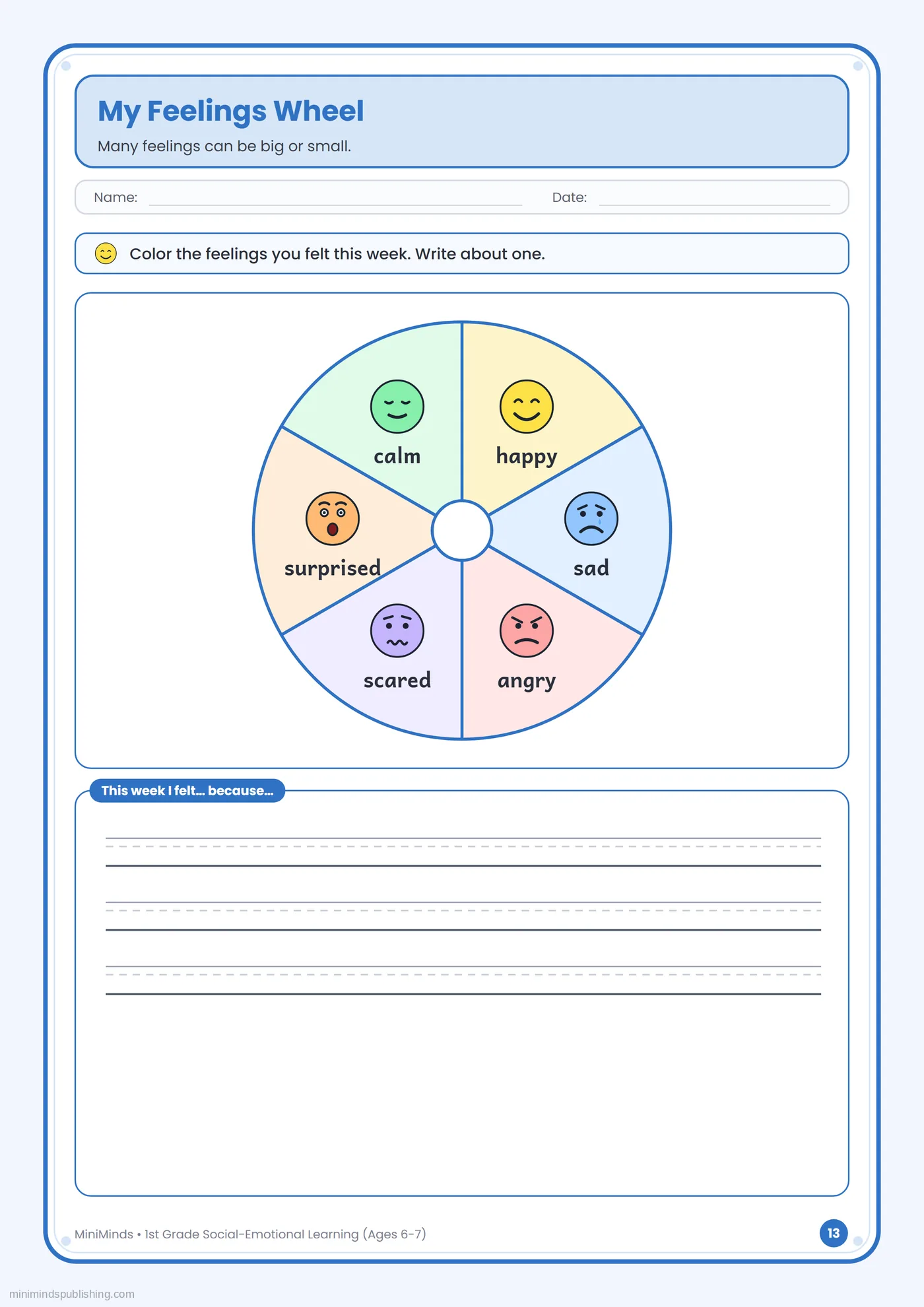 My Feelings Wheel — free printable 1st Grade social-emotional learning worksheet for ages 6-7