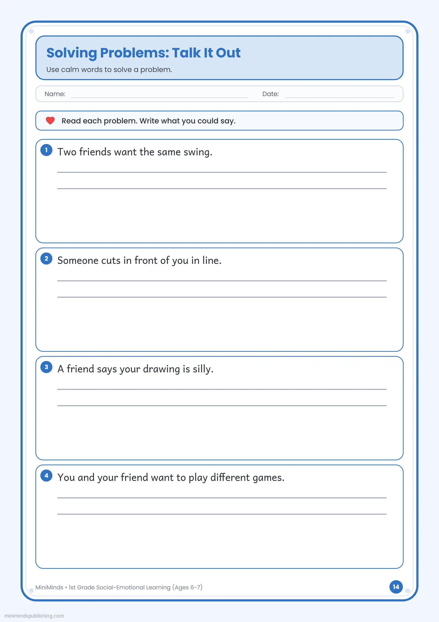 Solving Problems: Talk It Out — free printable 1st Grade social-emotional learning worksheet for ages 6-7