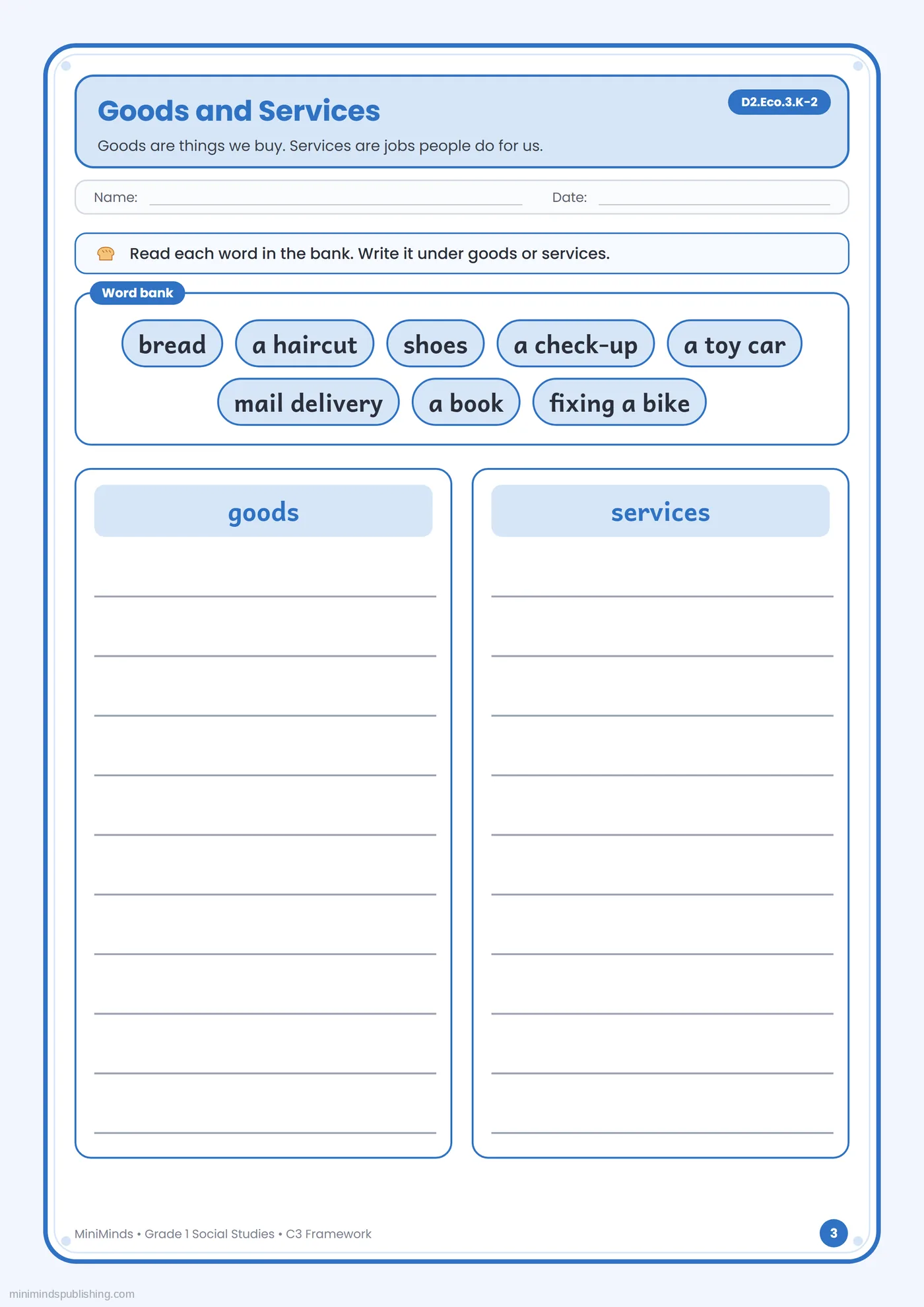 Goods and Services — free printable 1st Grade social studies worksheet for ages 6-7