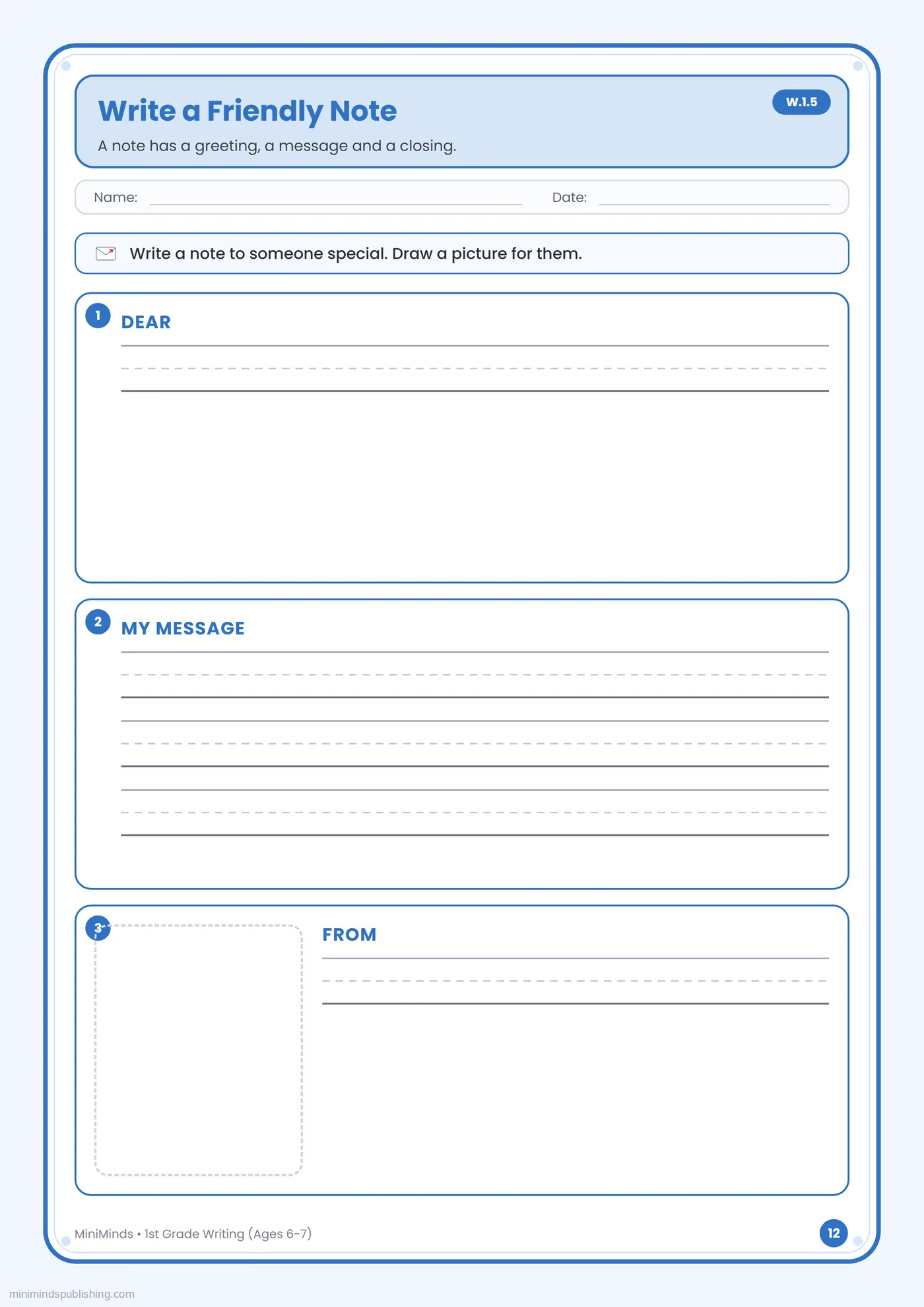 Write a Friendly Note — free printable 1st Grade writing worksheet for ages 6-7
