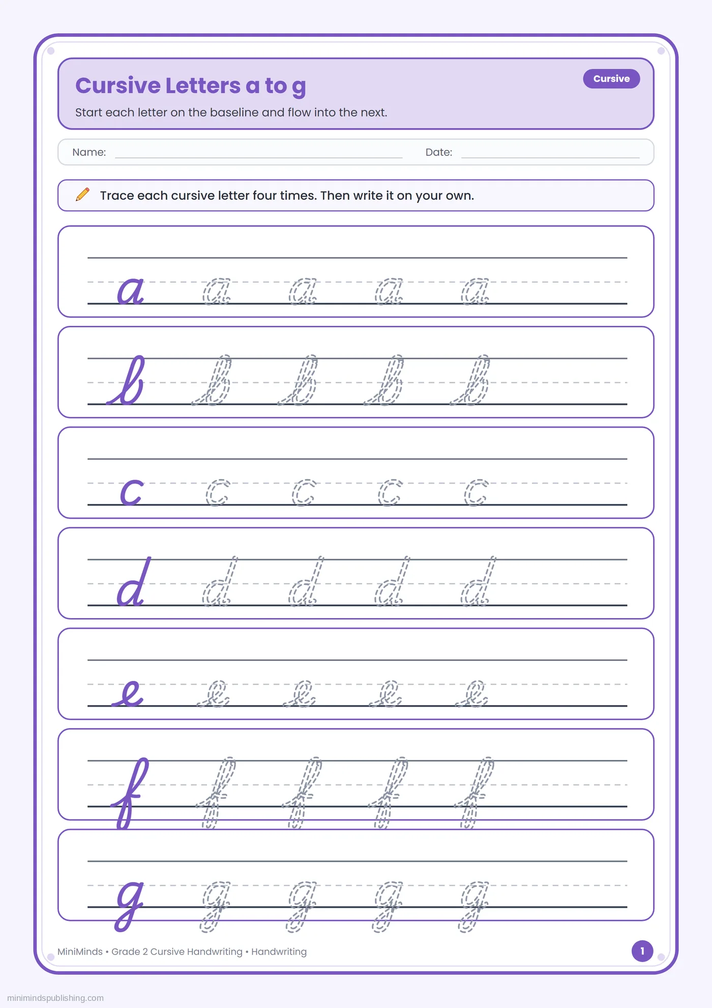 Cursive Letters a to g — free printable 2nd Grade cursive handwriting worksheet for ages 7-8