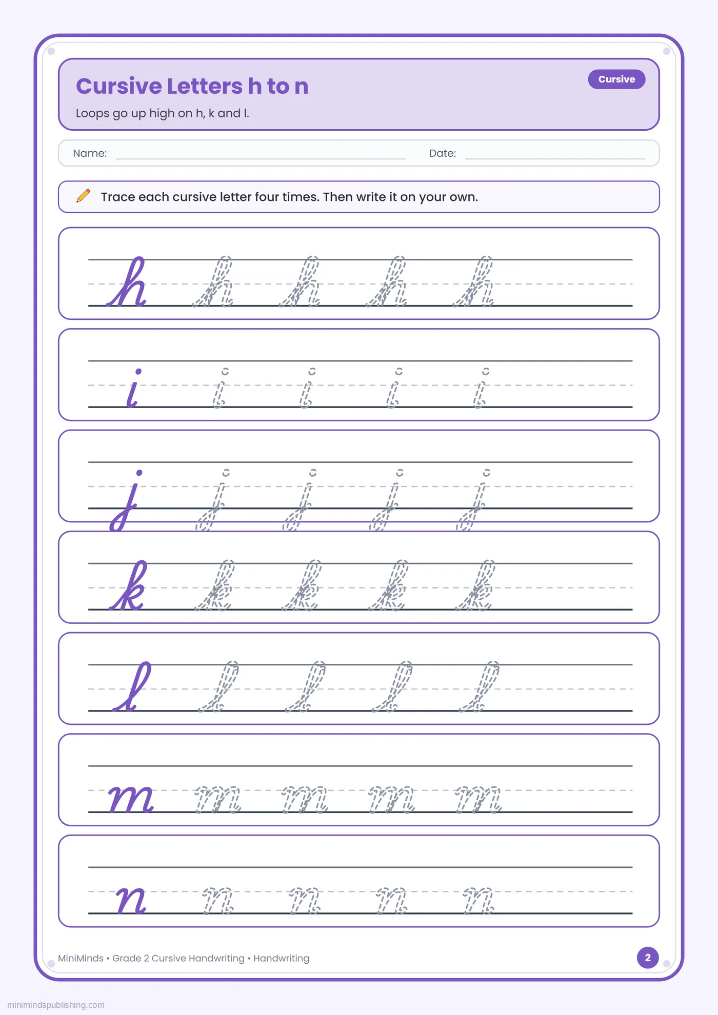 Cursive Letters h to n — free printable 2nd Grade cursive handwriting worksheet for ages 7-8