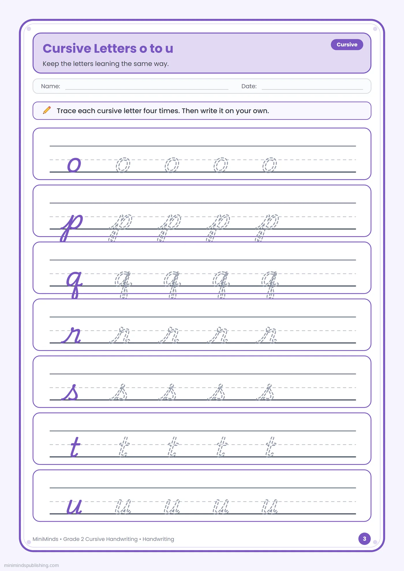 Cursive Letters o to u — free printable 2nd Grade cursive handwriting worksheet for ages 7-8