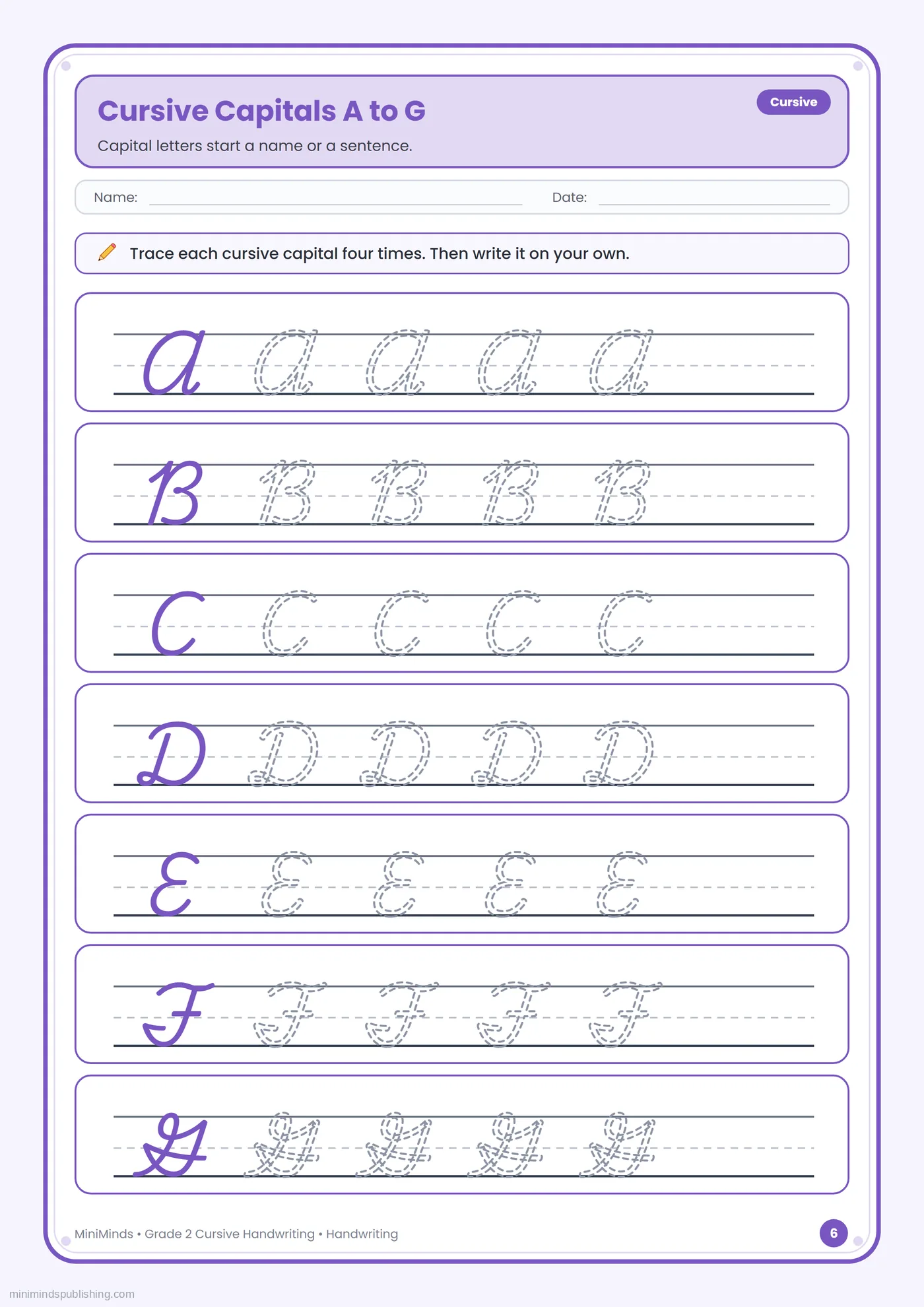 Cursive Capitals A to G — free printable 2nd Grade cursive handwriting worksheet for ages 7-8