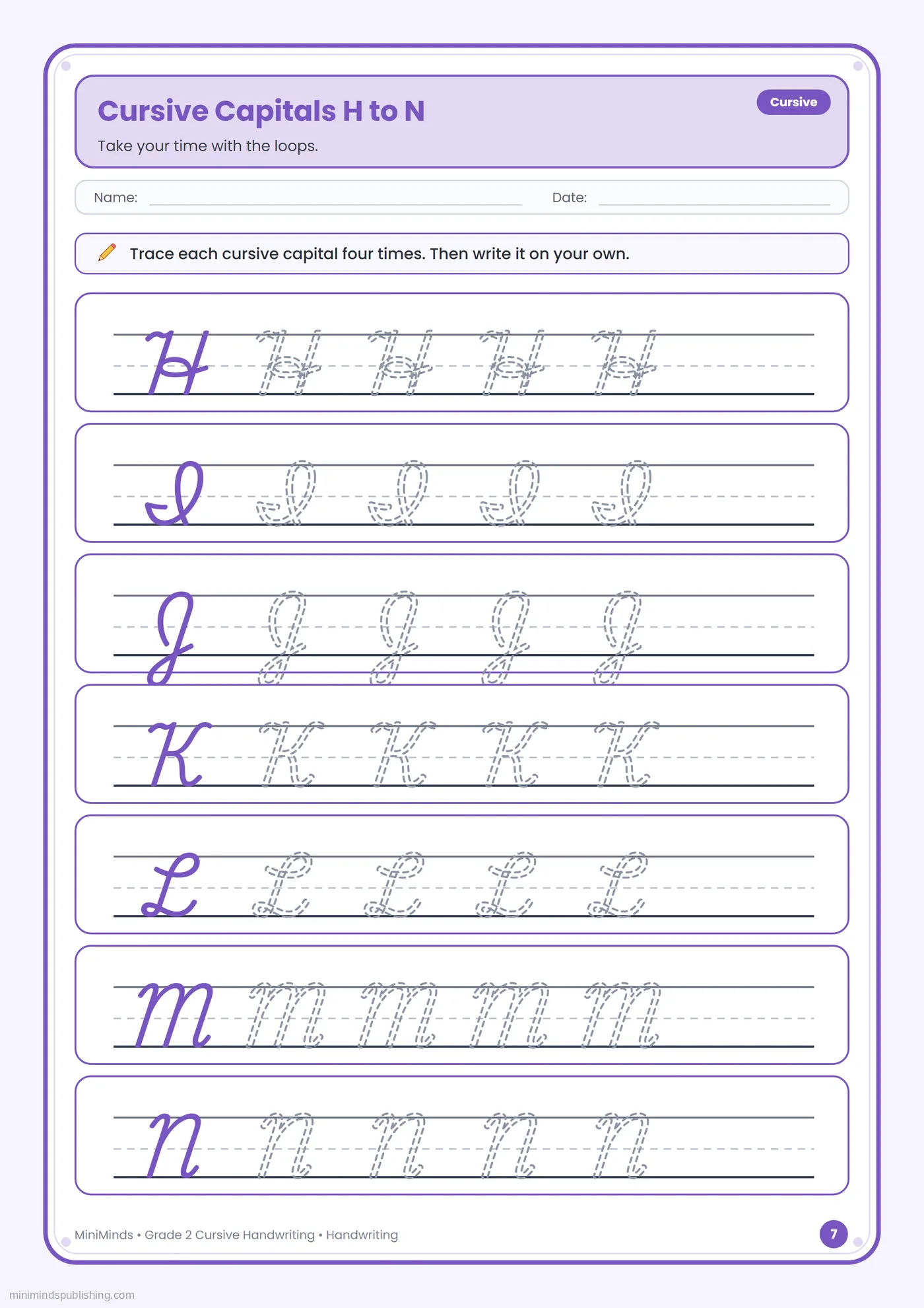 Cursive Capitals H to N — free printable 2nd Grade cursive handwriting worksheet for ages 7-8