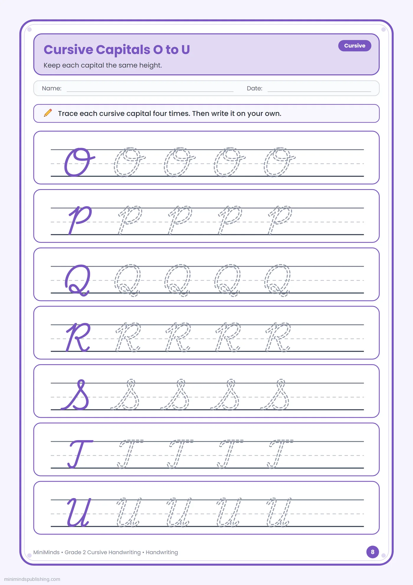 Cursive Capitals O to U — free printable 2nd Grade cursive handwriting worksheet for ages 7-8