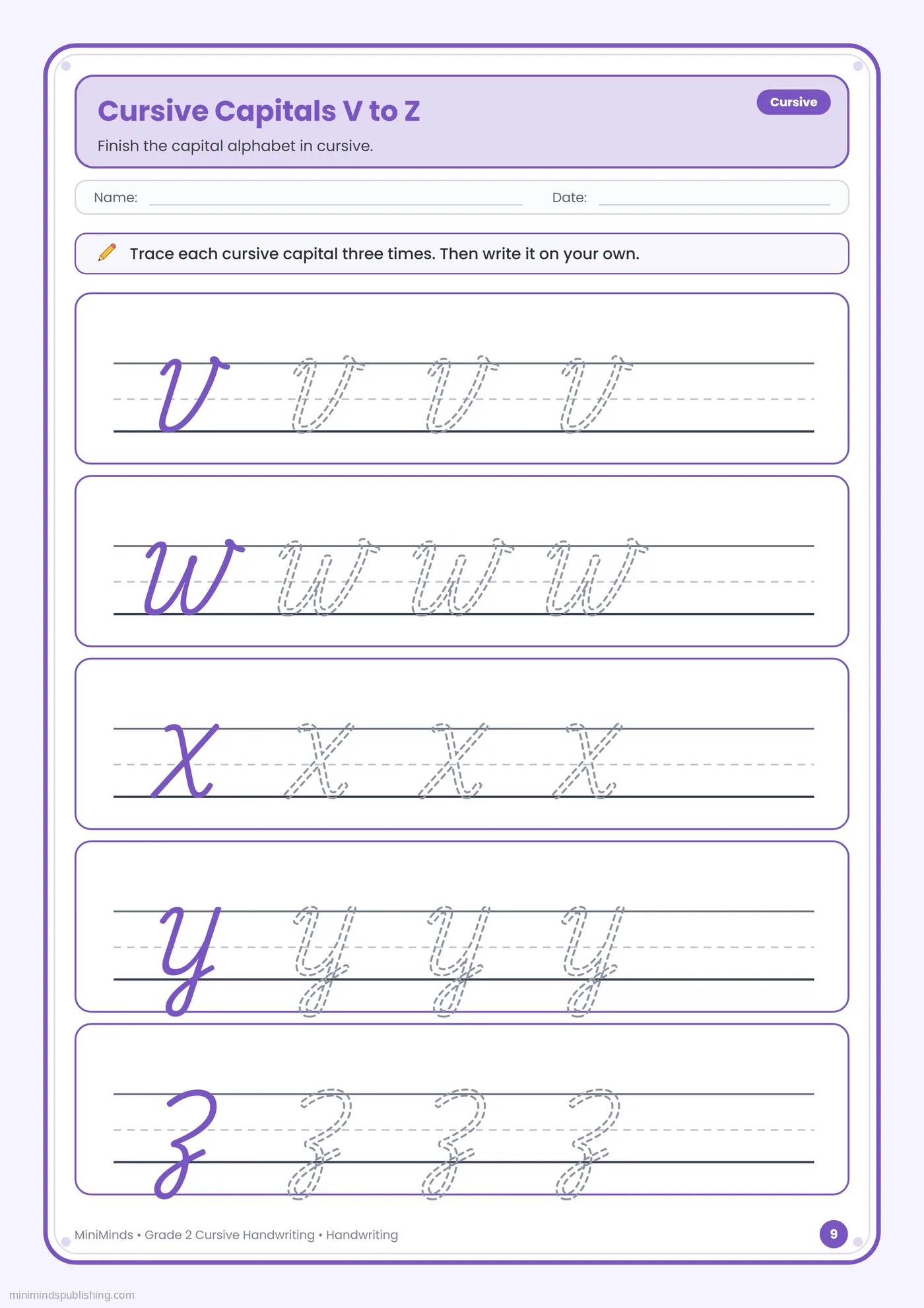 Cursive Capitals V to Z — free printable 2nd Grade cursive handwriting worksheet for ages 7-8
