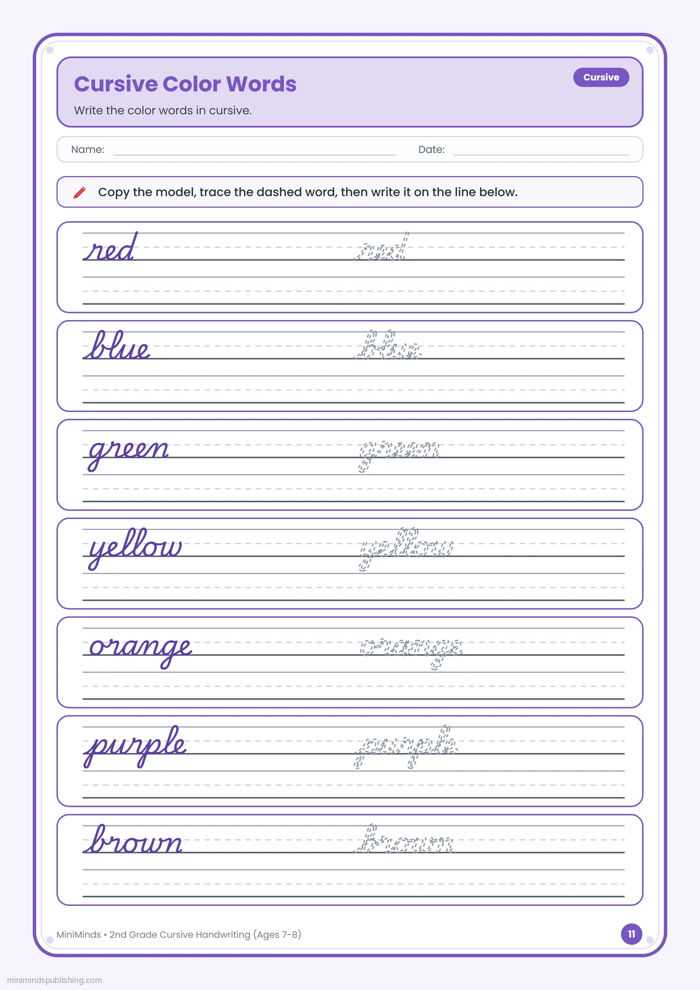Cursive Color Words — free printable 2nd Grade cursive handwriting worksheet for ages 7-8