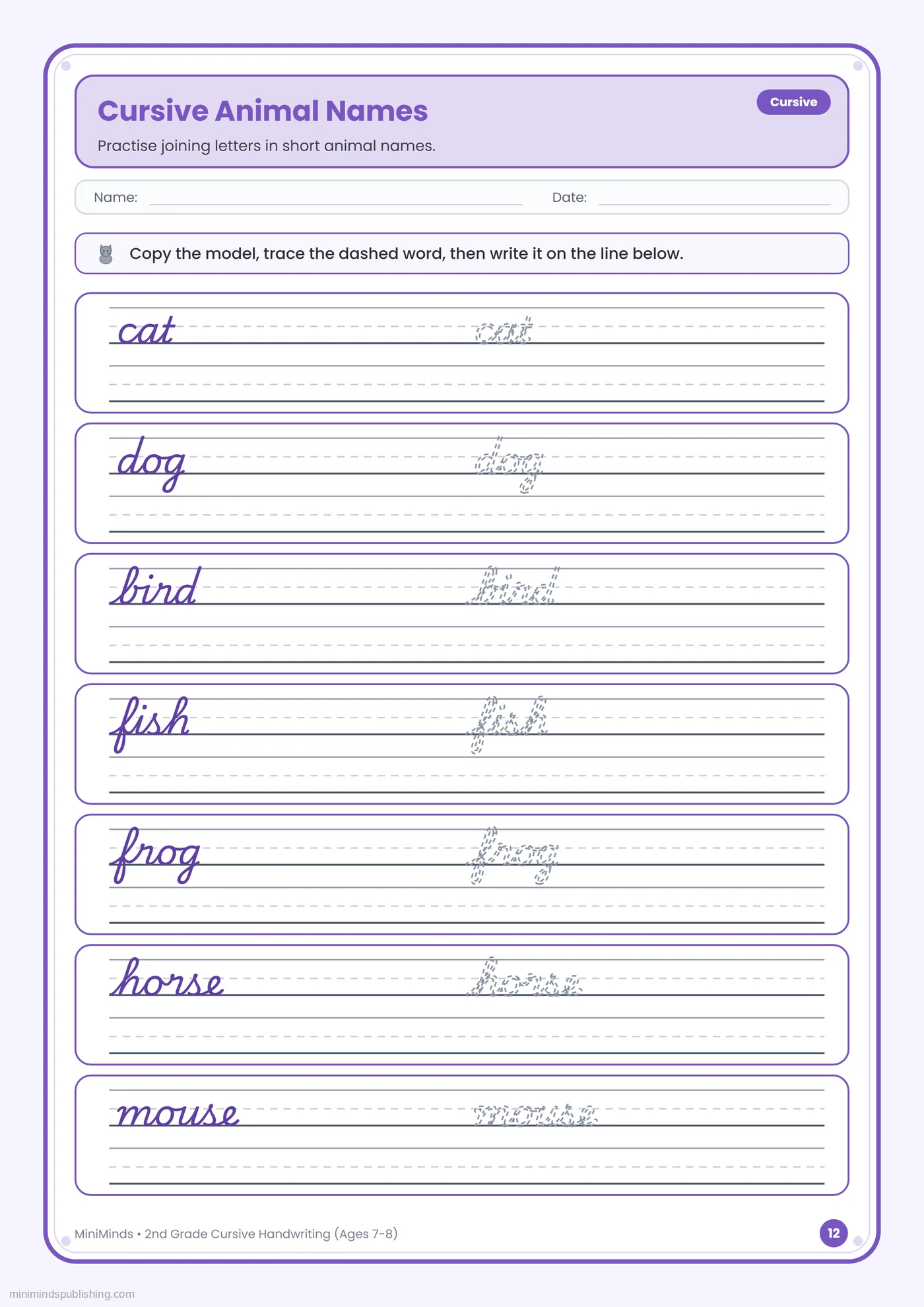 Cursive Animal Names — free printable 2nd Grade cursive handwriting worksheet for ages 7-8
