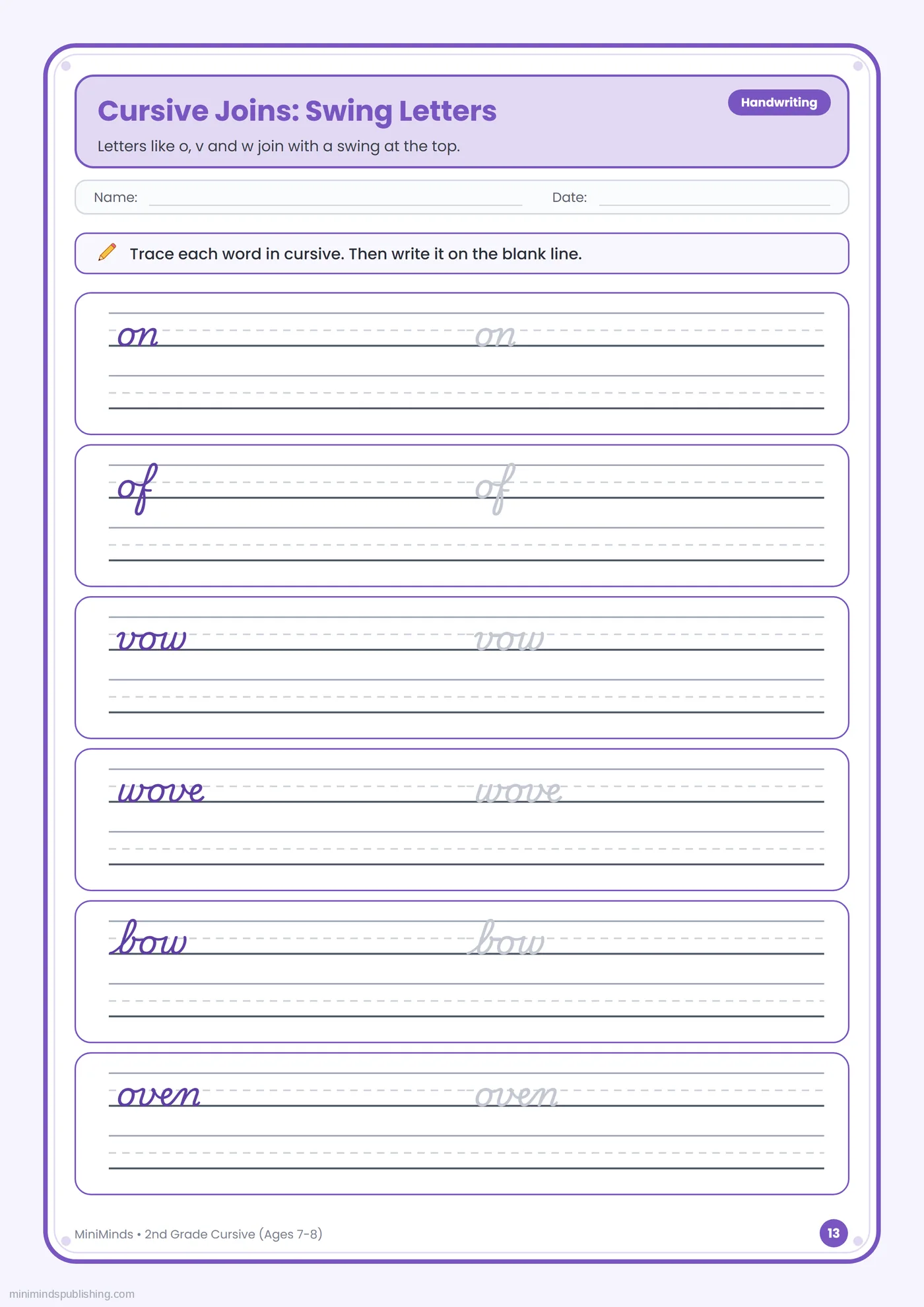 Cursive Joins: Swing Letters — free printable 2nd Grade cursive handwriting worksheet for ages 7-8
