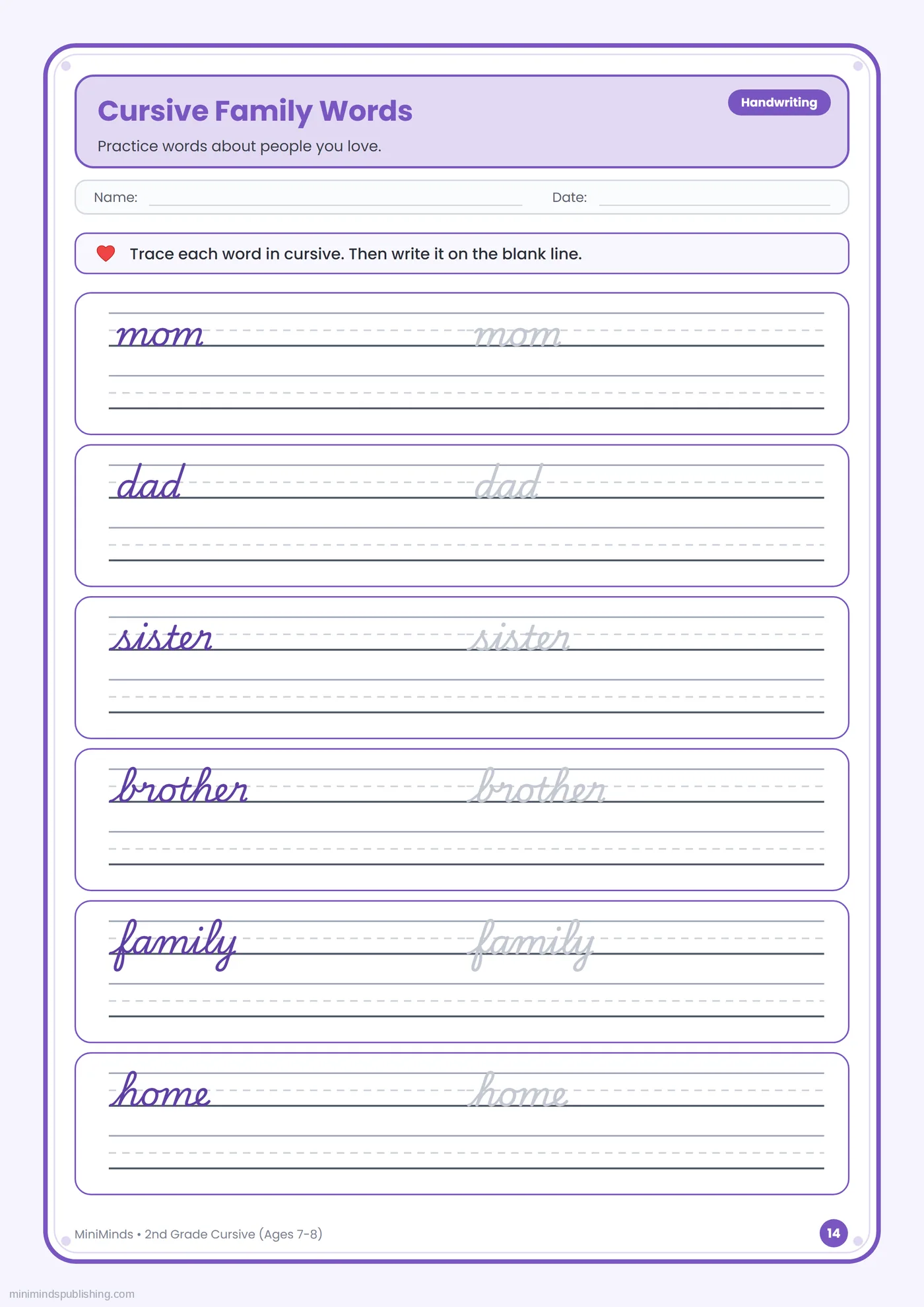 Cursive Family Words — free printable 2nd Grade cursive handwriting worksheet for ages 7-8