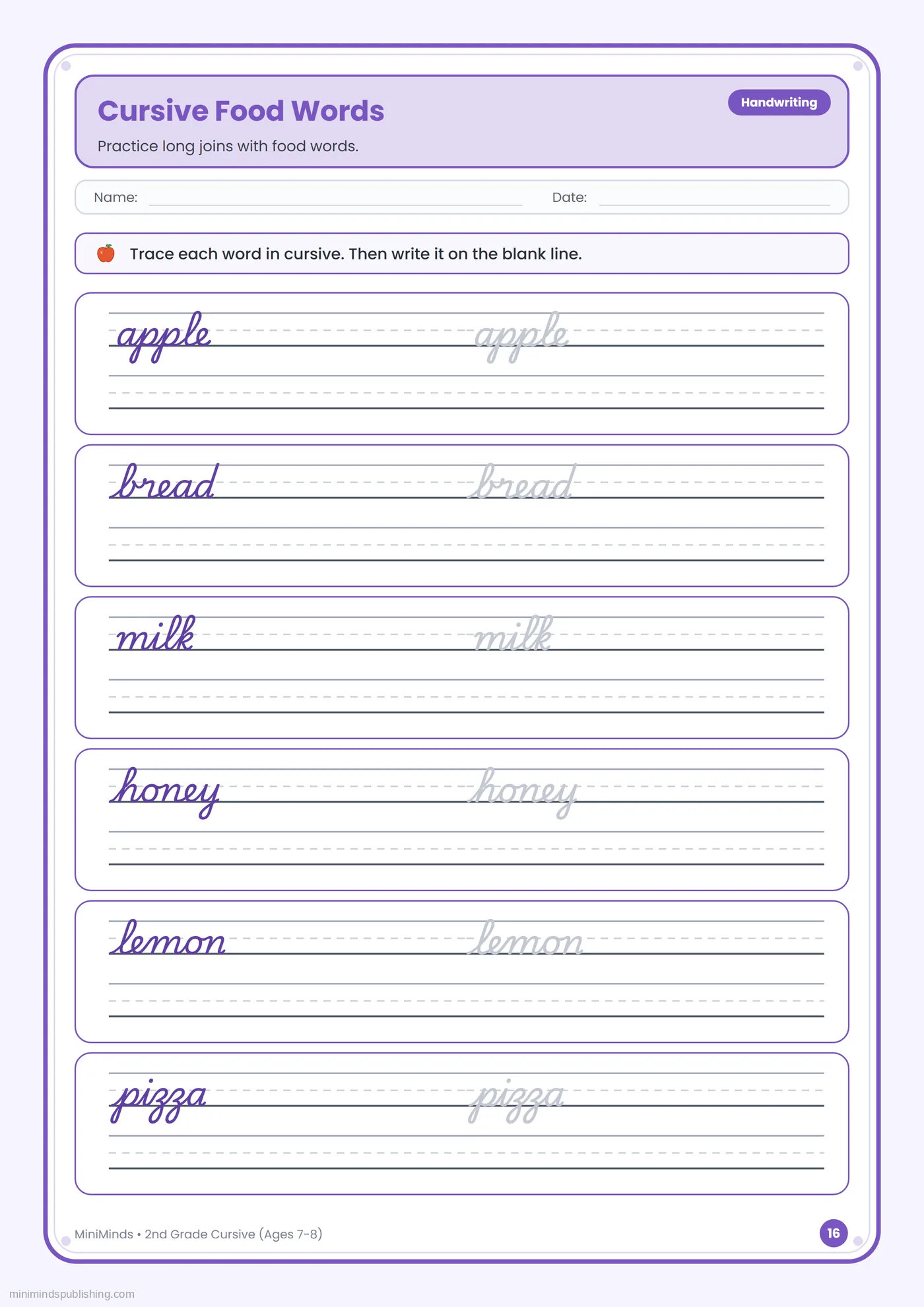 Cursive Food Words — free printable 2nd Grade cursive handwriting worksheet for ages 7-8
