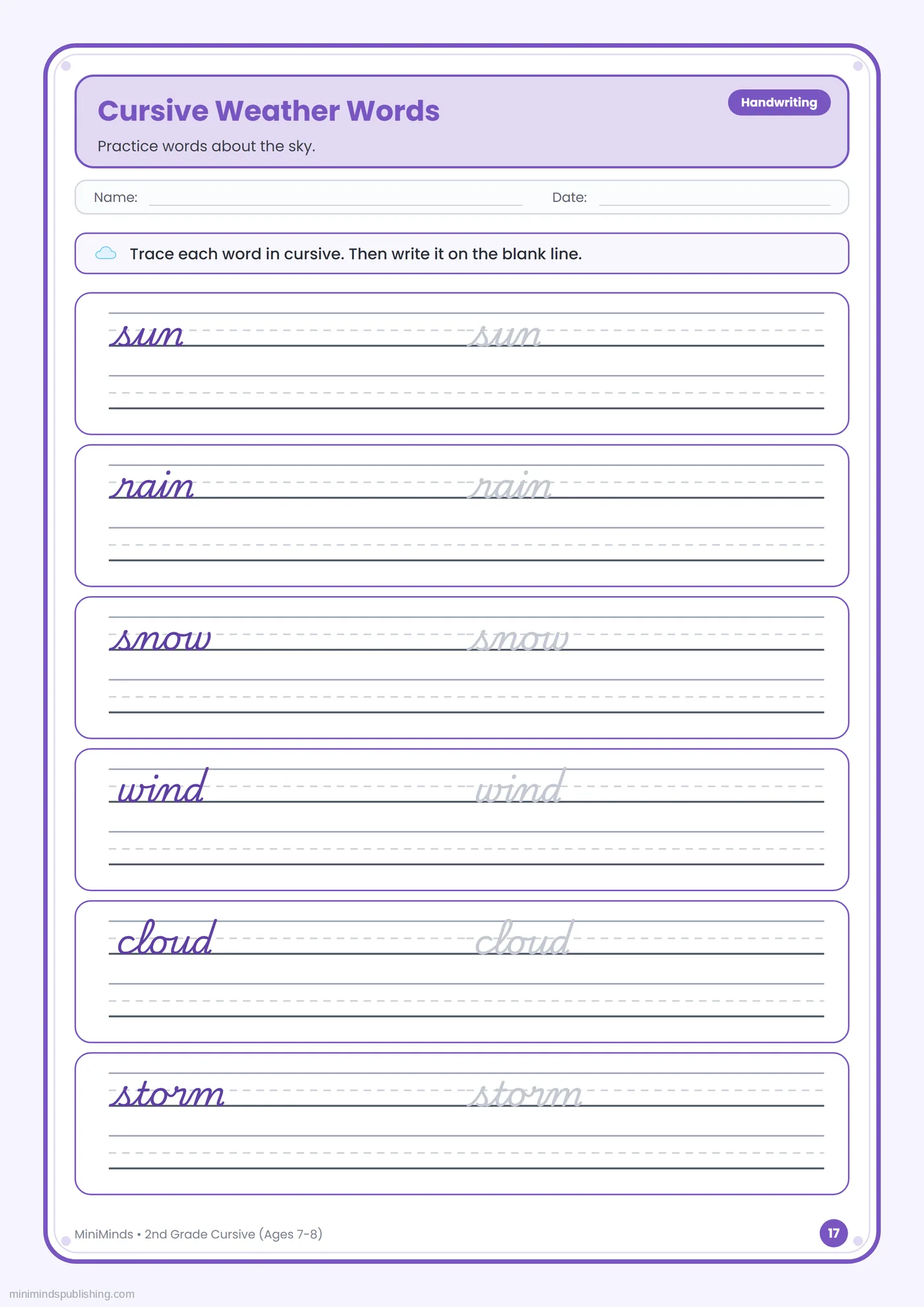 Cursive Weather Words — free printable 2nd Grade cursive handwriting worksheet for ages 7-8