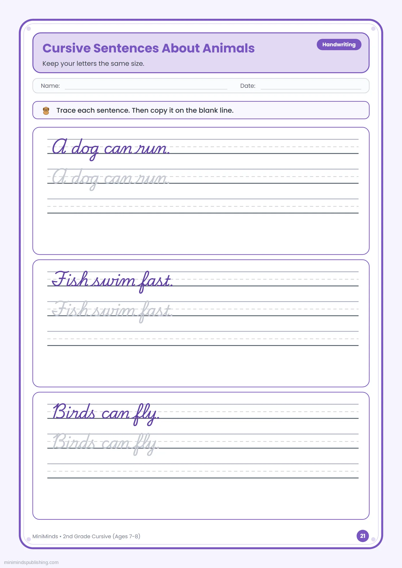 Cursive Sentences About Animals — free printable 2nd Grade cursive handwriting worksheet for ages 7-8