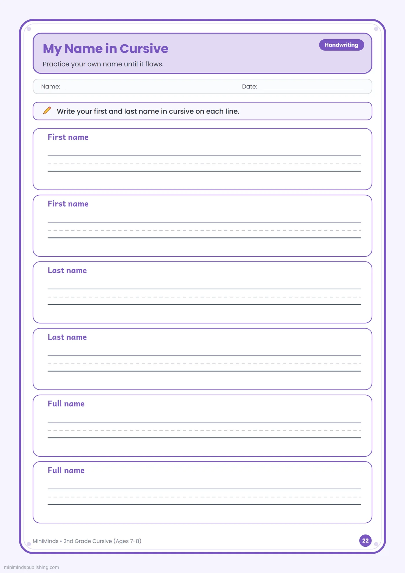 My Name in Cursive — free printable 2nd Grade cursive handwriting worksheet for ages 7-8