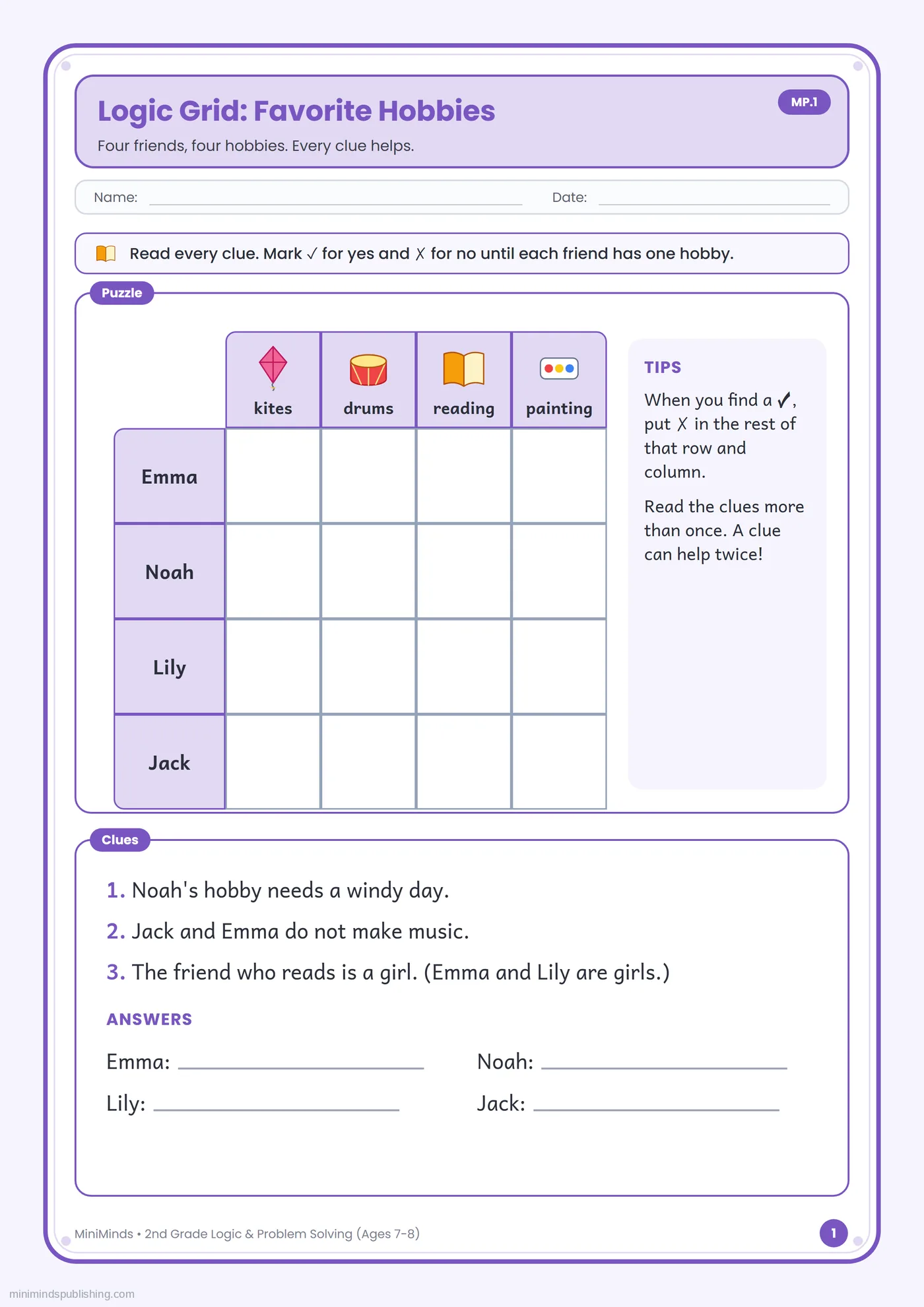 Logic Grid: Favorite Hobbies — free printable 2nd Grade logic & problem solving worksheet for ages 7-8