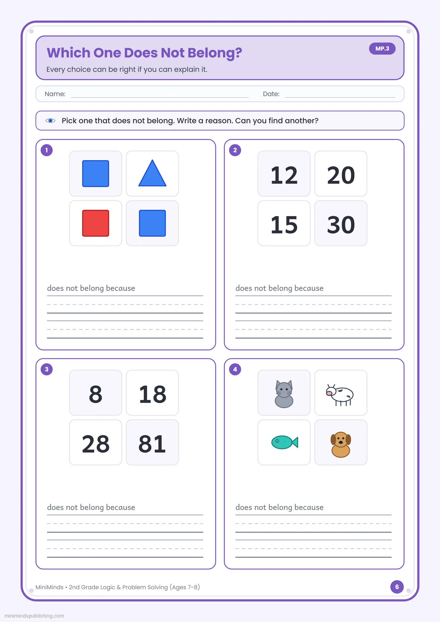 Which One Does Not Belong? — free printable 2nd Grade logic & problem solving worksheet for ages 7-8