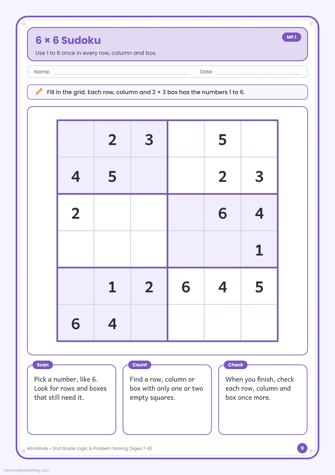 6 × 6 Sudoku — free printable 2nd Grade logic & problem solving worksheet for ages 7-8