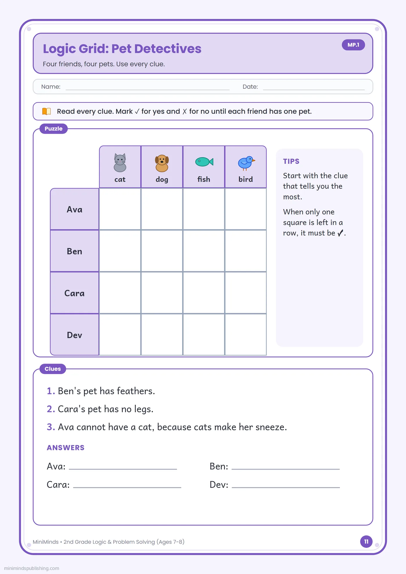 Logic Grid: Pet Detectives — free printable 2nd Grade logic & problem solving worksheet for ages 7-8