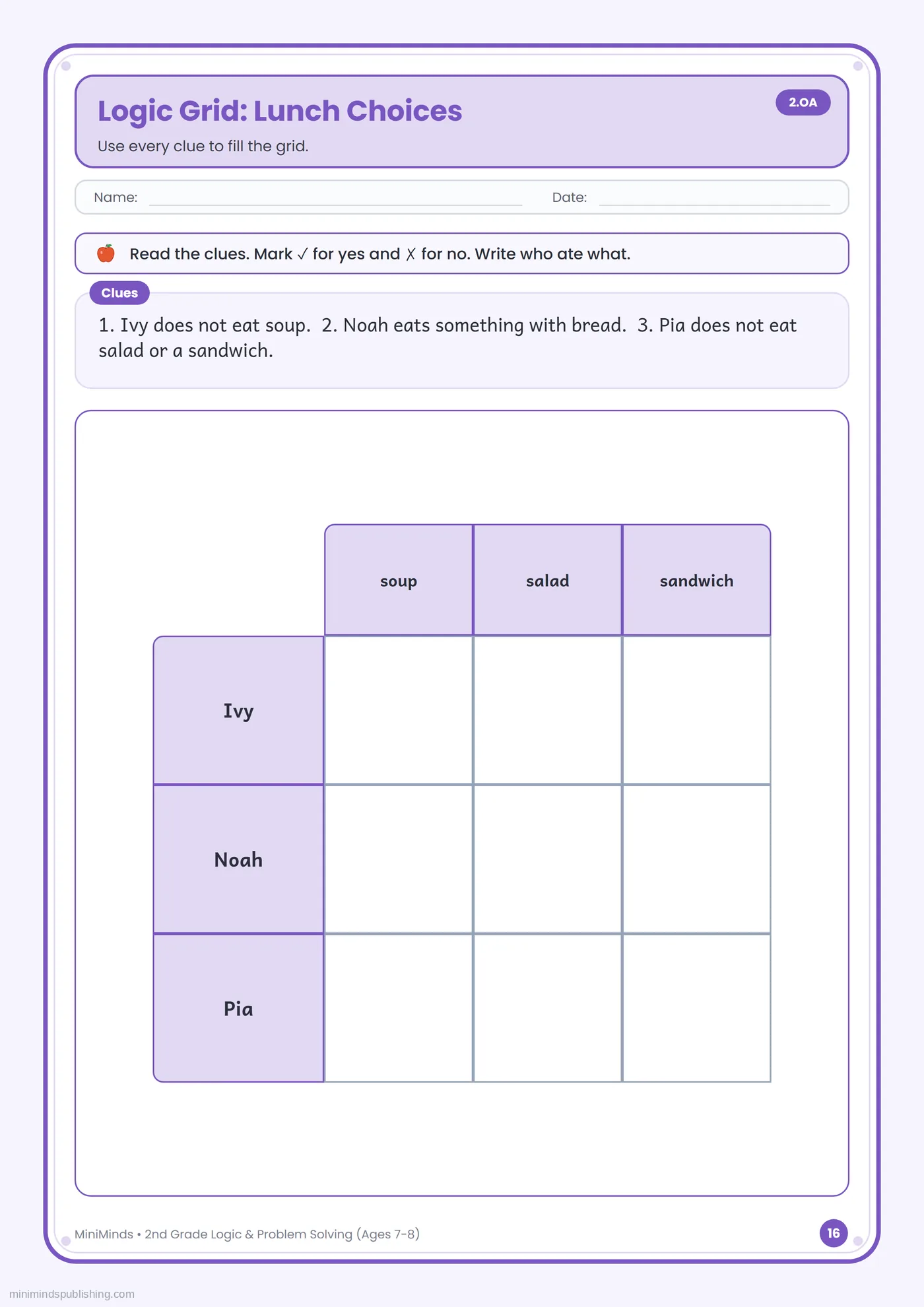 Logic Grid: Lunch Choices — free printable 2nd Grade logic & problem solving worksheet for ages 7-8