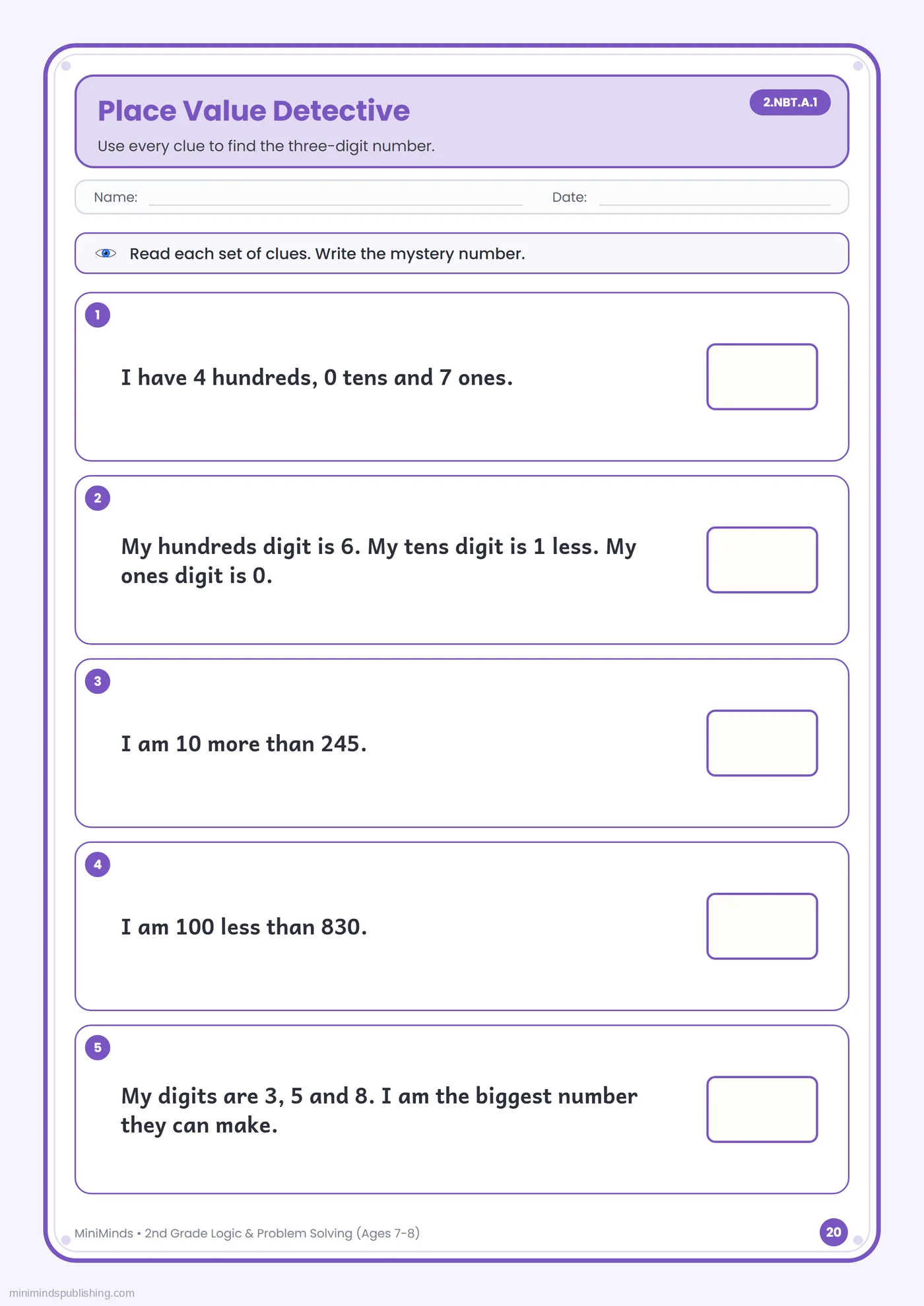 Place Value Detective — free printable 2nd Grade logic & problem solving worksheet for ages 7-8