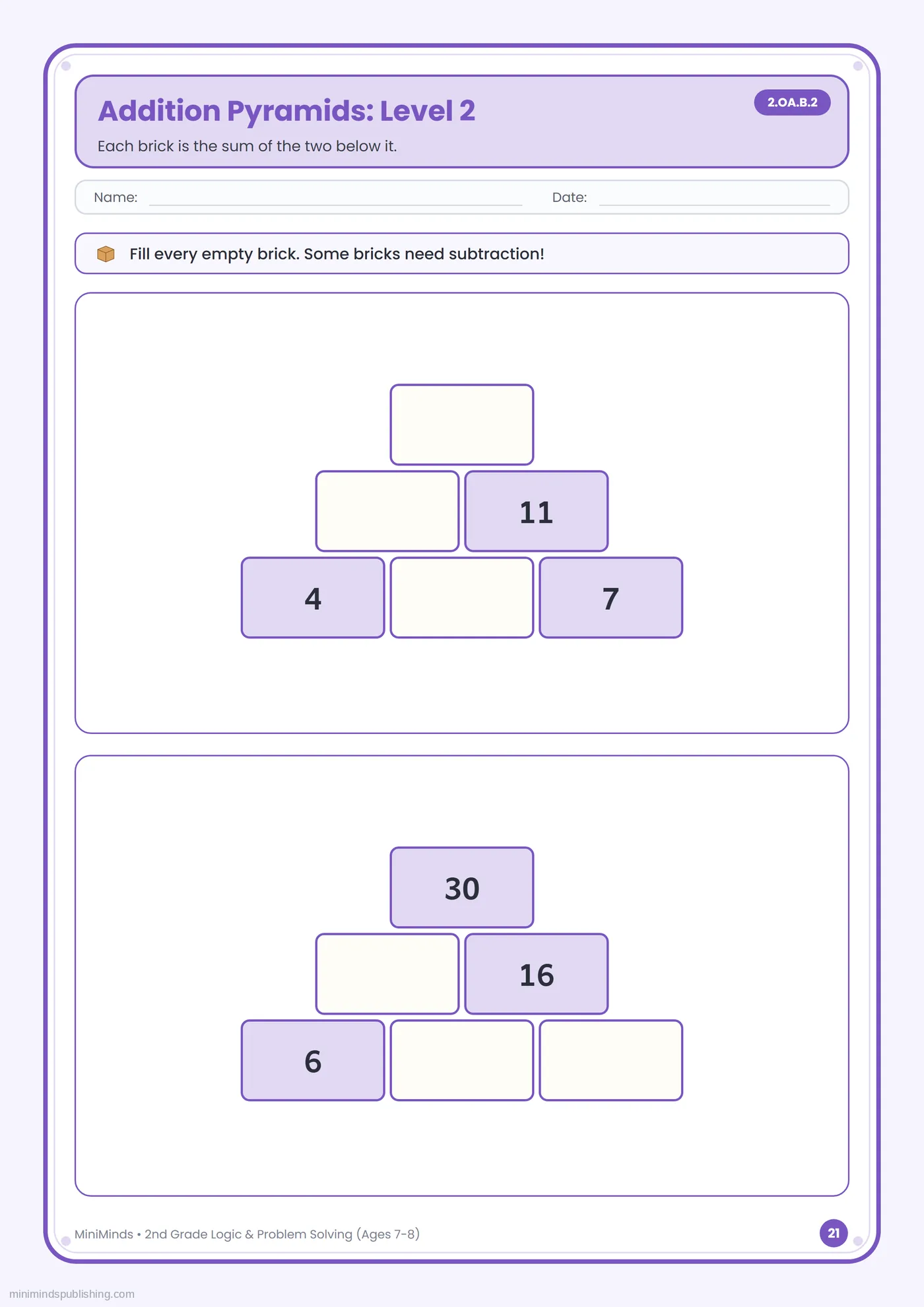 Addition Pyramids: Level 2 — free printable 2nd Grade logic & problem solving worksheet for ages 7-8