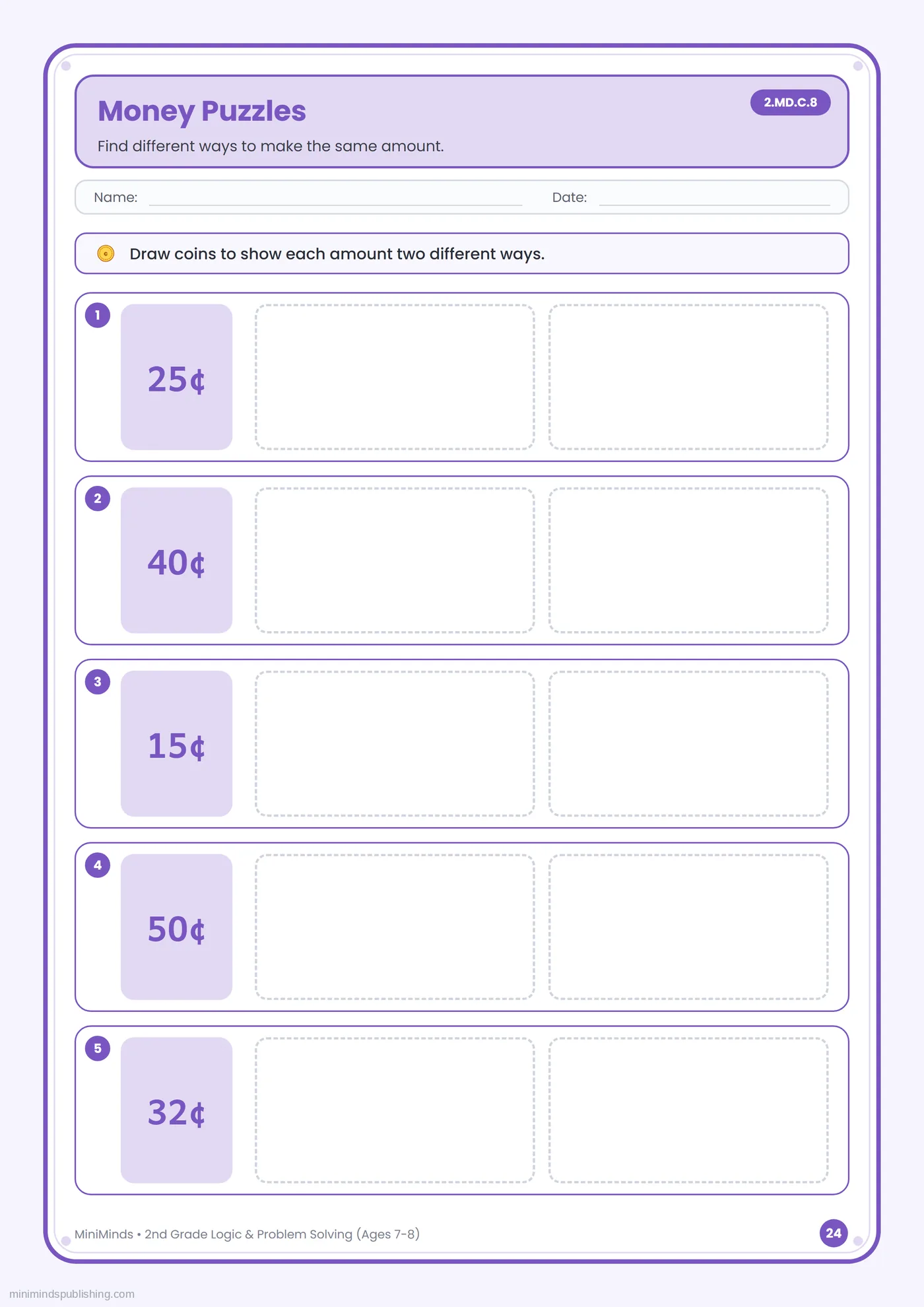 Money Puzzles — free printable 2nd Grade logic & problem solving worksheet for ages 7-8