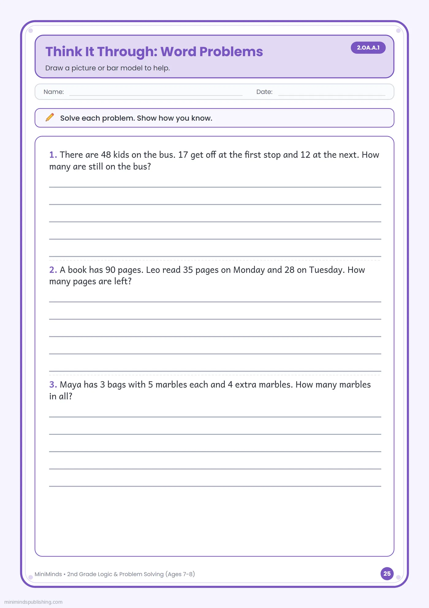 Think It Through: Word Problems — free printable 2nd Grade logic & problem solving worksheet for ages 7-8