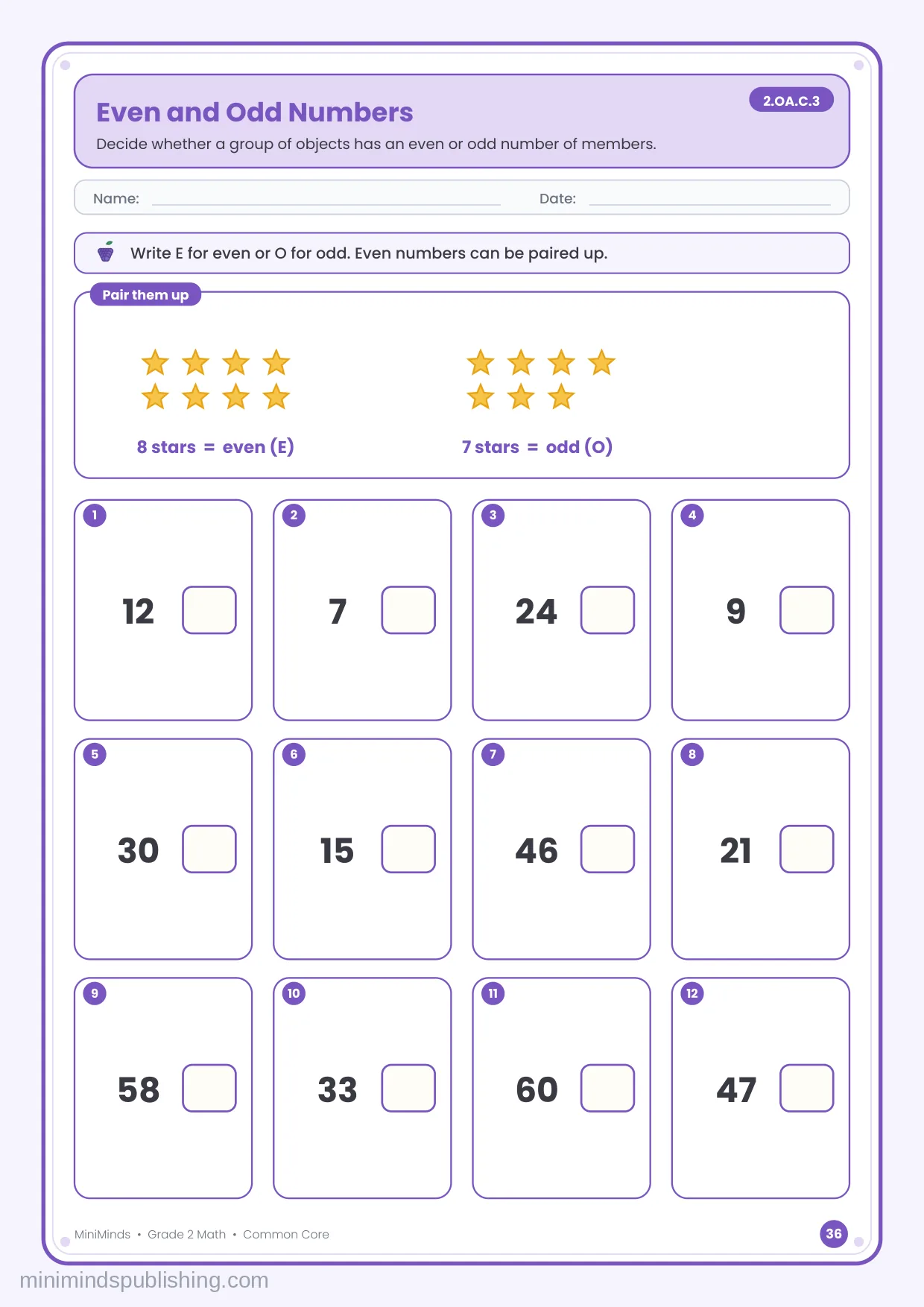 Even and Odd Numbers — free printable 2nd Grade math worksheet for ages 7-8