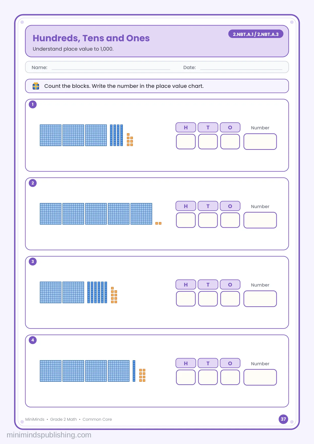 Hundreds, Tens and Ones — free printable 2nd Grade math worksheet for ages 7-8