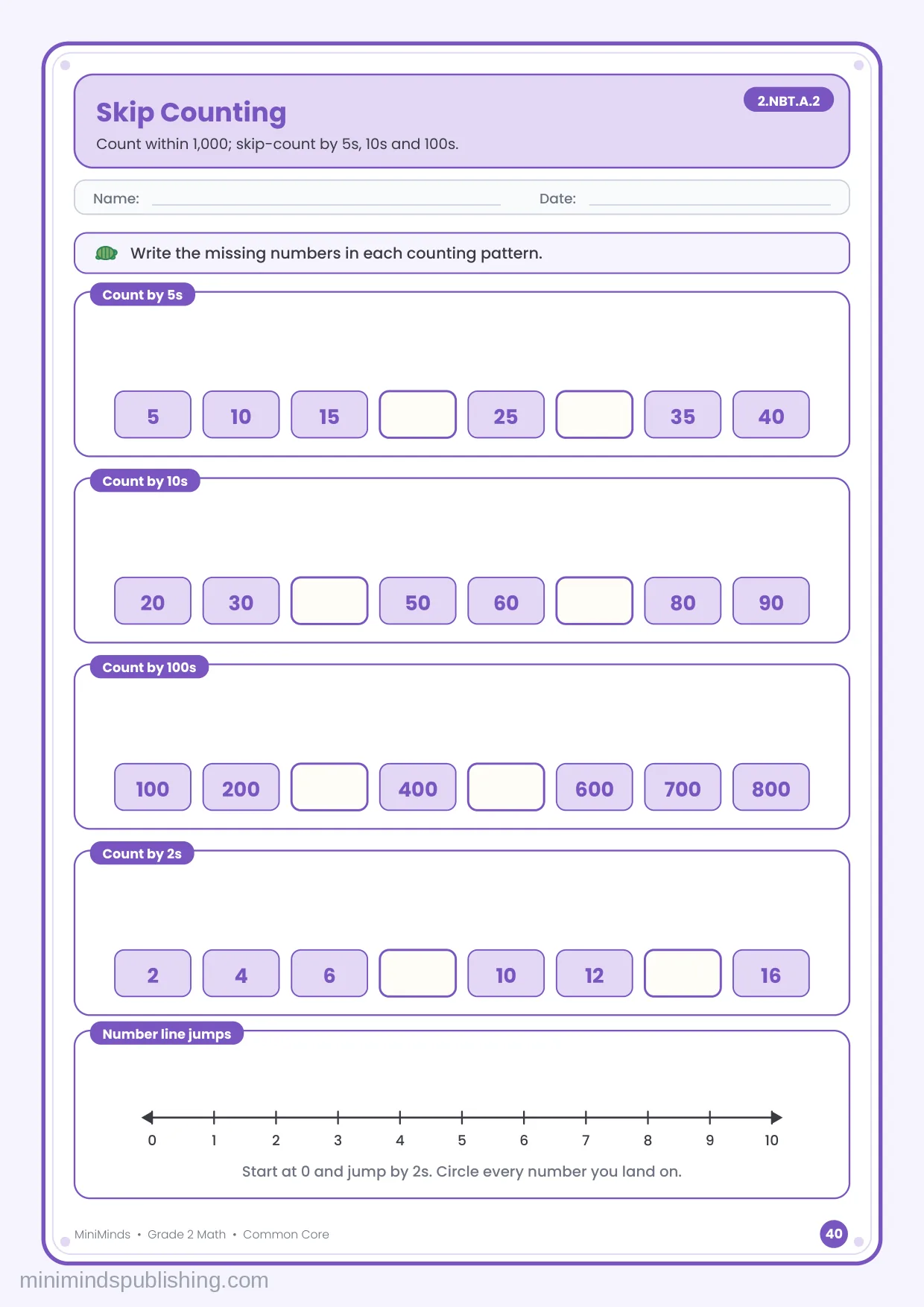 Skip Counting — free printable 2nd Grade math worksheet for ages 7-8