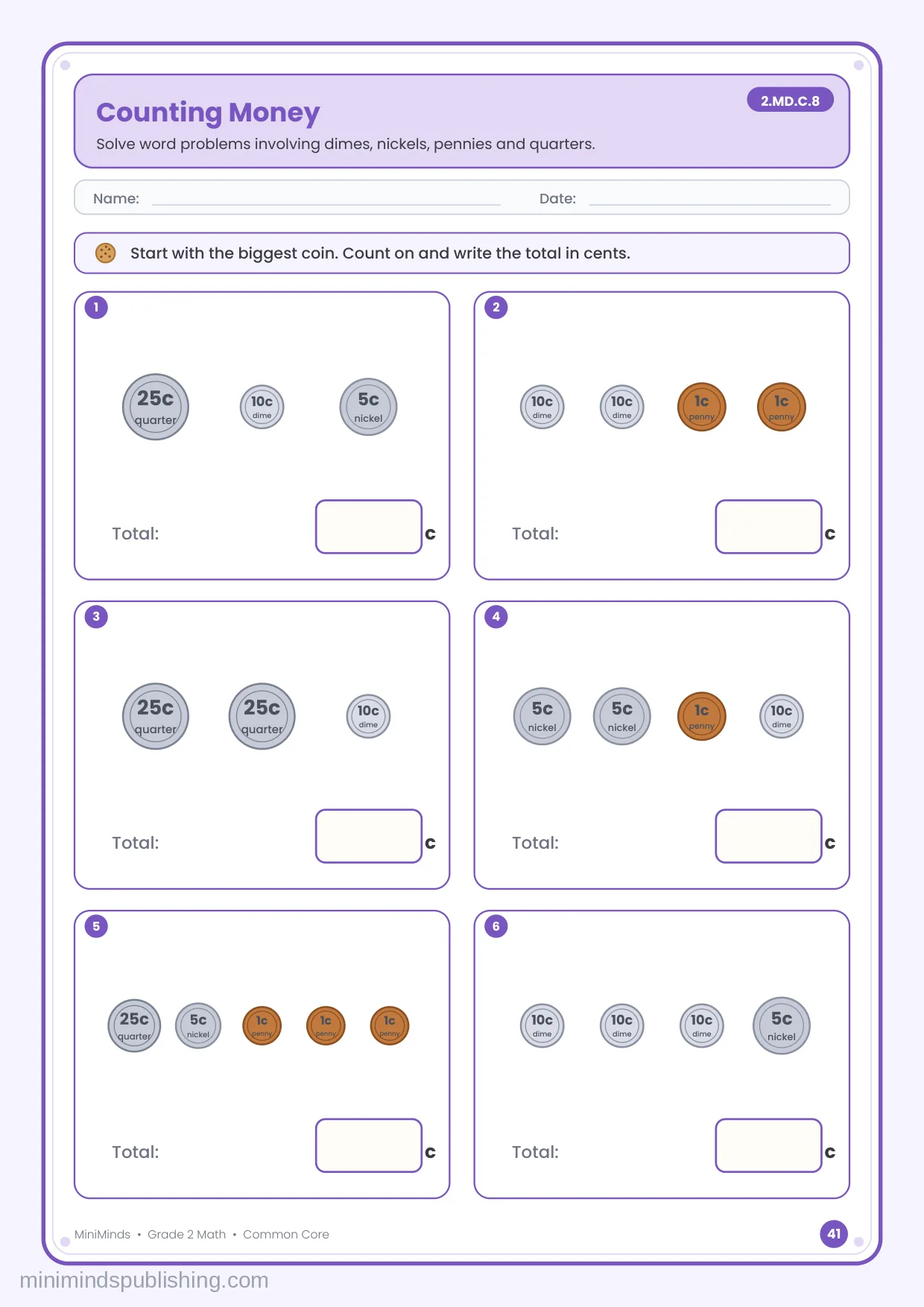 Counting Money — free printable 2nd Grade math worksheet for ages 7-8