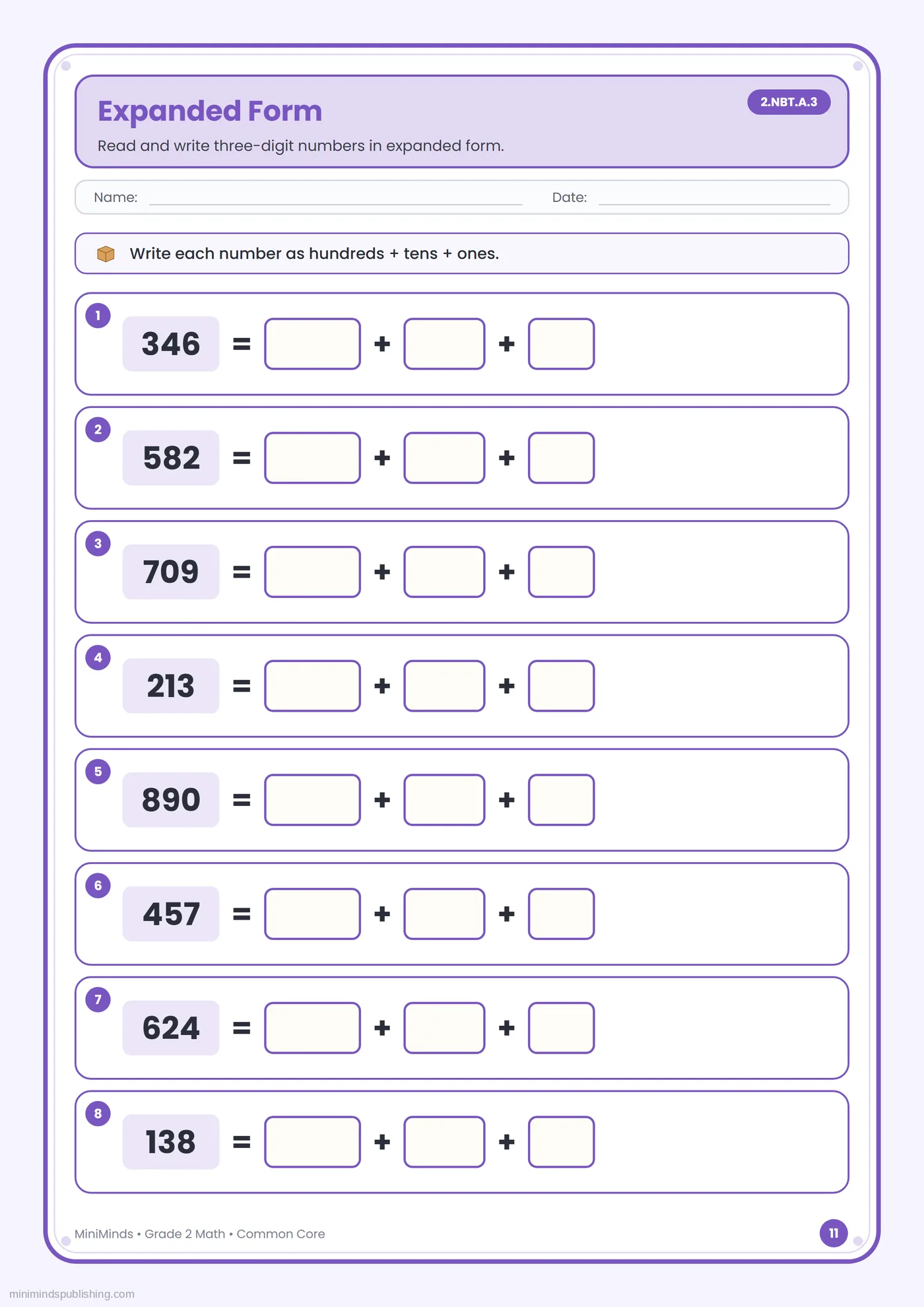 Expanded Form — free printable 2nd Grade math worksheet for ages 7-8