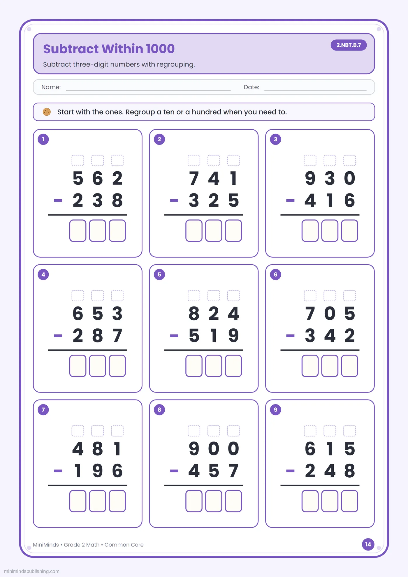 Subtract Within 1000 — free printable 2nd Grade math worksheet for ages 7-8
