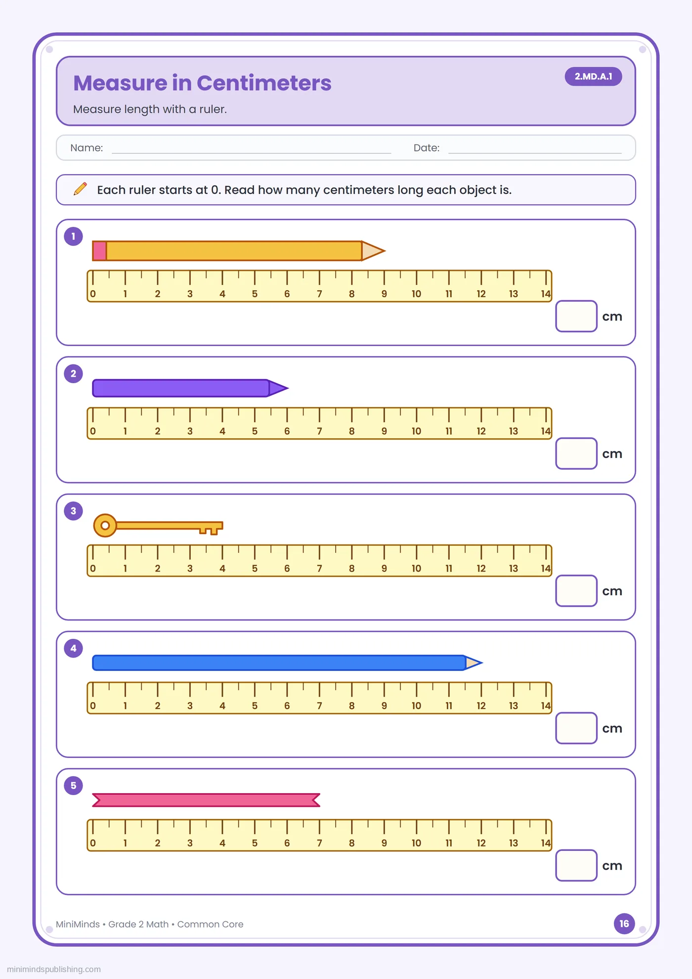 Measure in Centimeters — free printable 2nd Grade math worksheet for ages 7-8