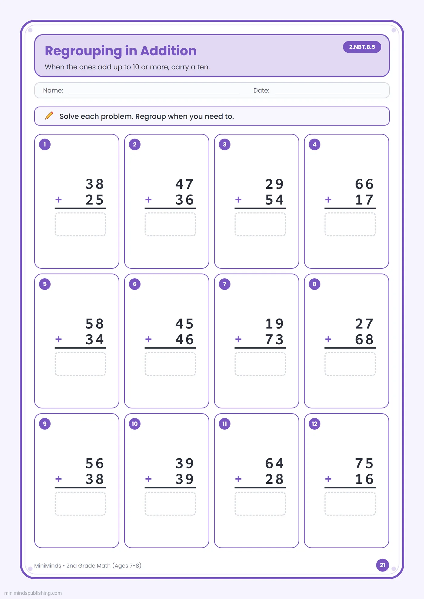Regrouping in Addition — free printable 2nd Grade math worksheet for ages 7-8