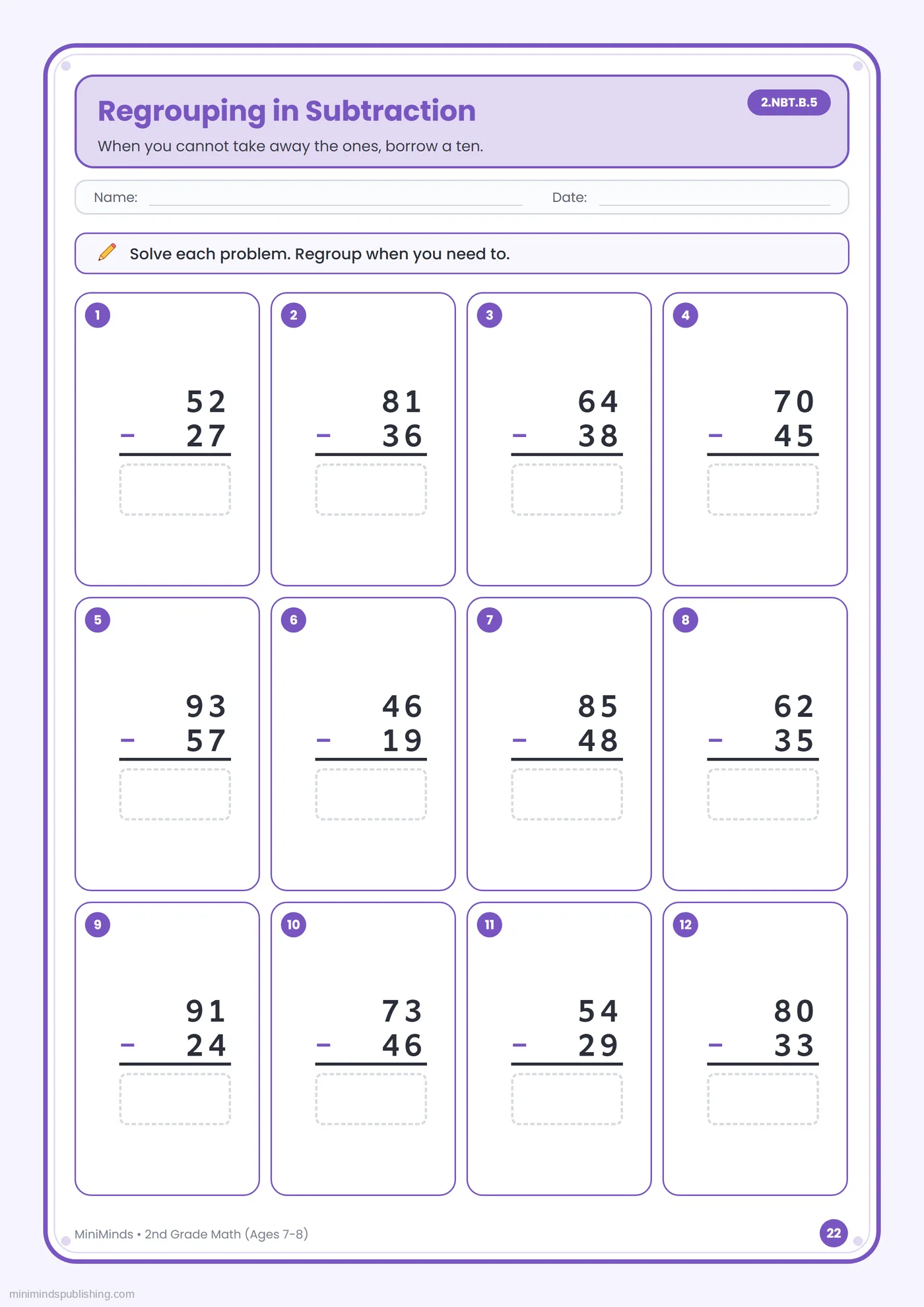 Regrouping in Subtraction — free printable 2nd Grade math worksheet for ages 7-8