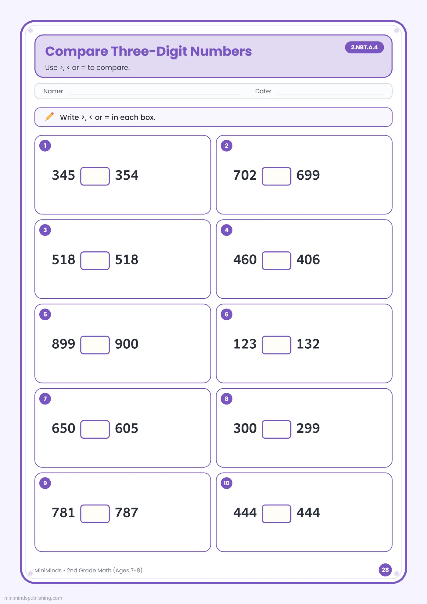 Compare Three-Digit Numbers (Part 2) โ free printable 2nd Grade math worksheet for ages 7-8