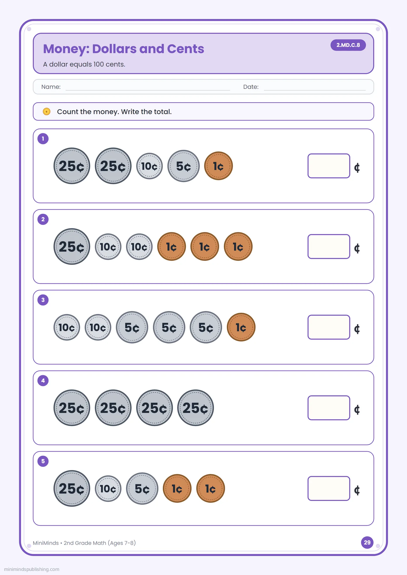 Money: Dollars and Cents — free printable 2nd Grade math worksheet for ages 7-8
