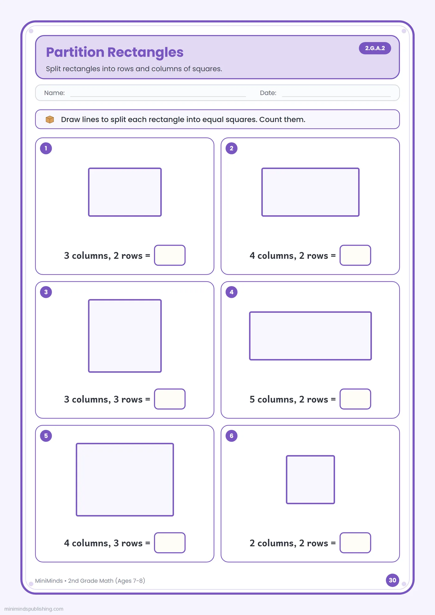 Partition Rectangles — free printable 2nd Grade math worksheet for ages 7-8