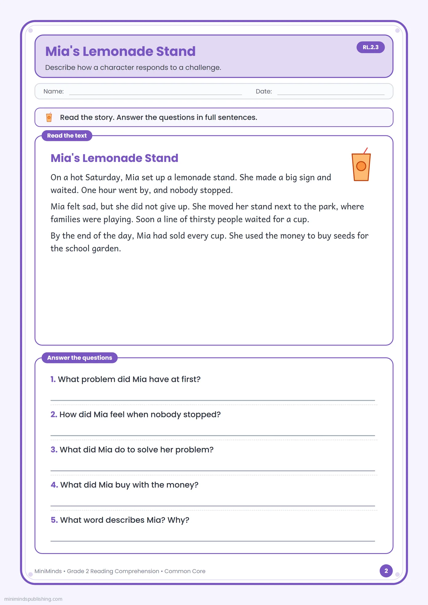 Mia's Lemonade Stand — free printable 2nd Grade reading comprehension worksheet for ages 7-8