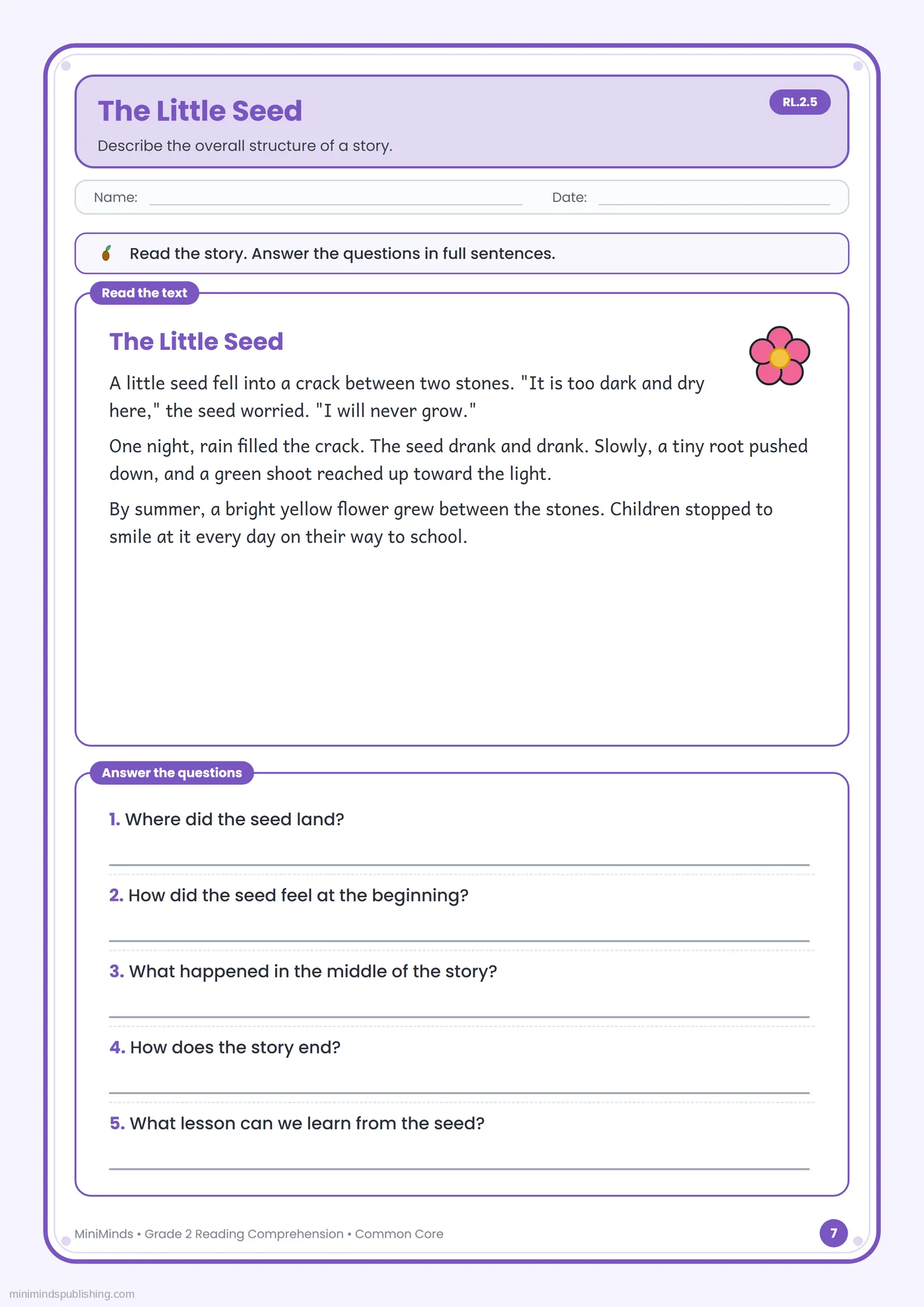The Little Seed — free printable 2nd Grade reading comprehension worksheet for ages 7-8