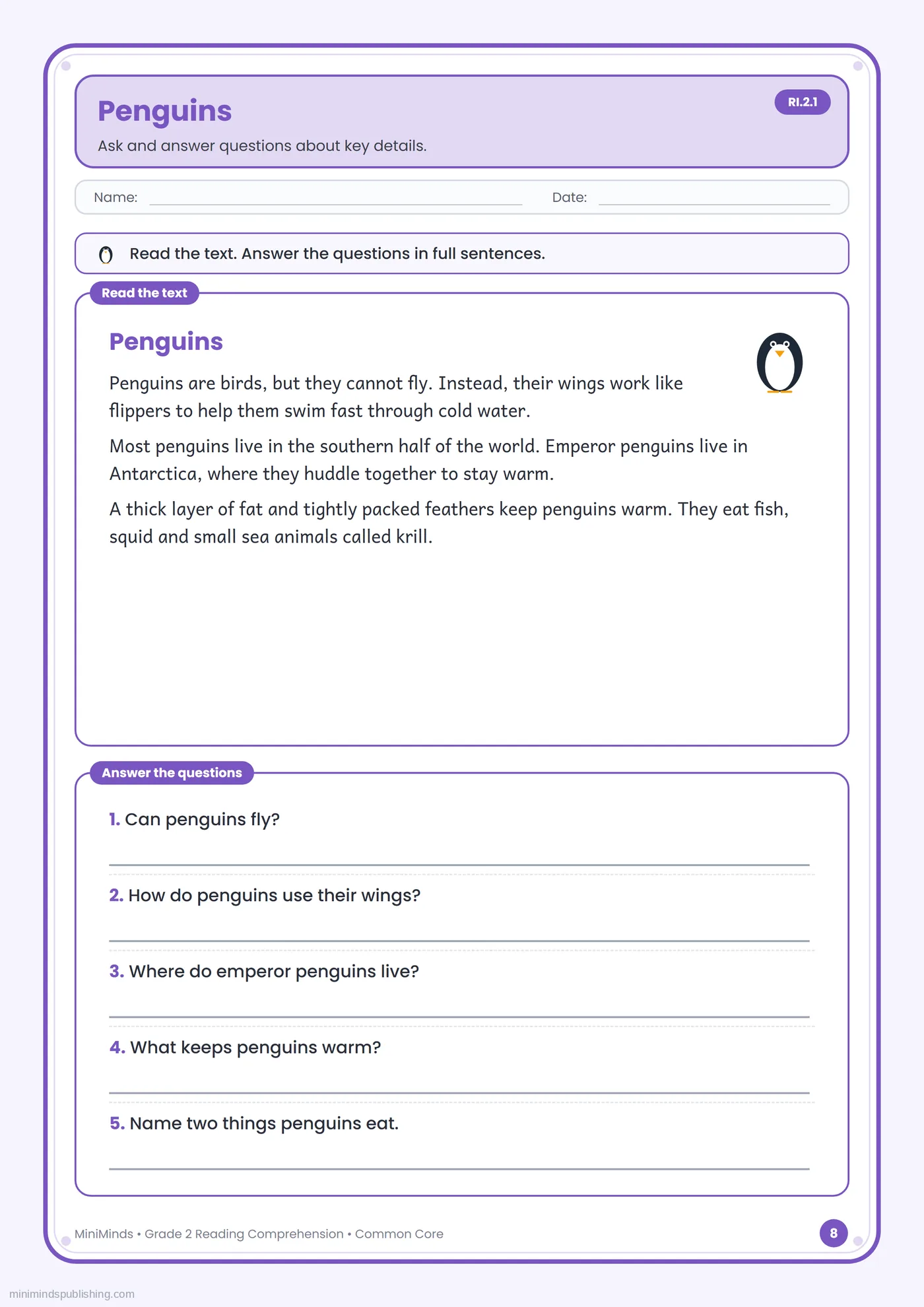 Penguins — free printable 2nd Grade reading comprehension worksheet for ages 7-8