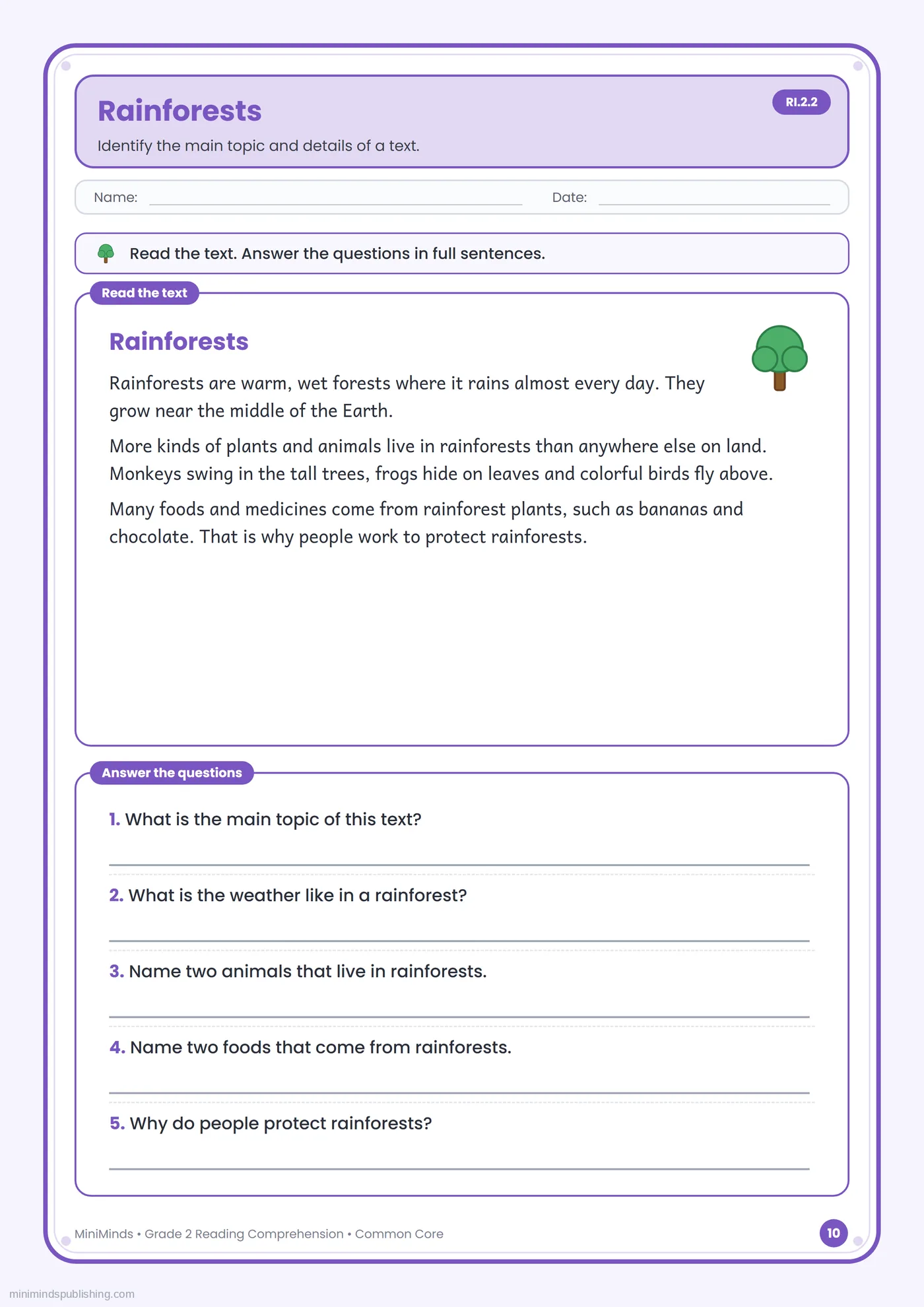 Rainforests — free printable 2nd Grade reading comprehension worksheet for ages 7-8