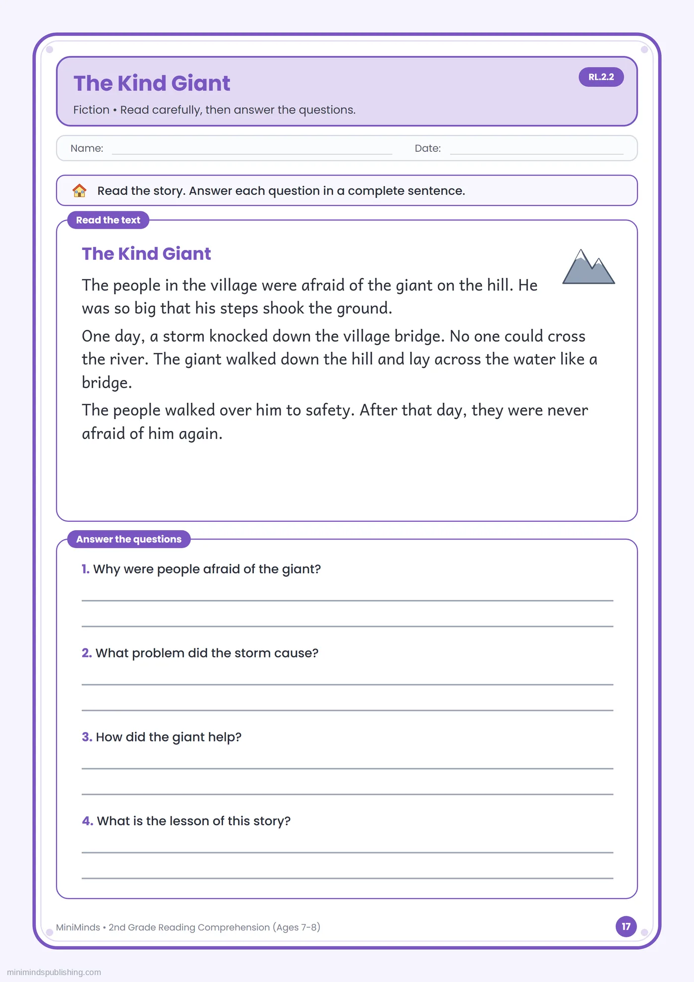 The Kind Giant — free printable 2nd Grade reading comprehension worksheet for ages 7-8