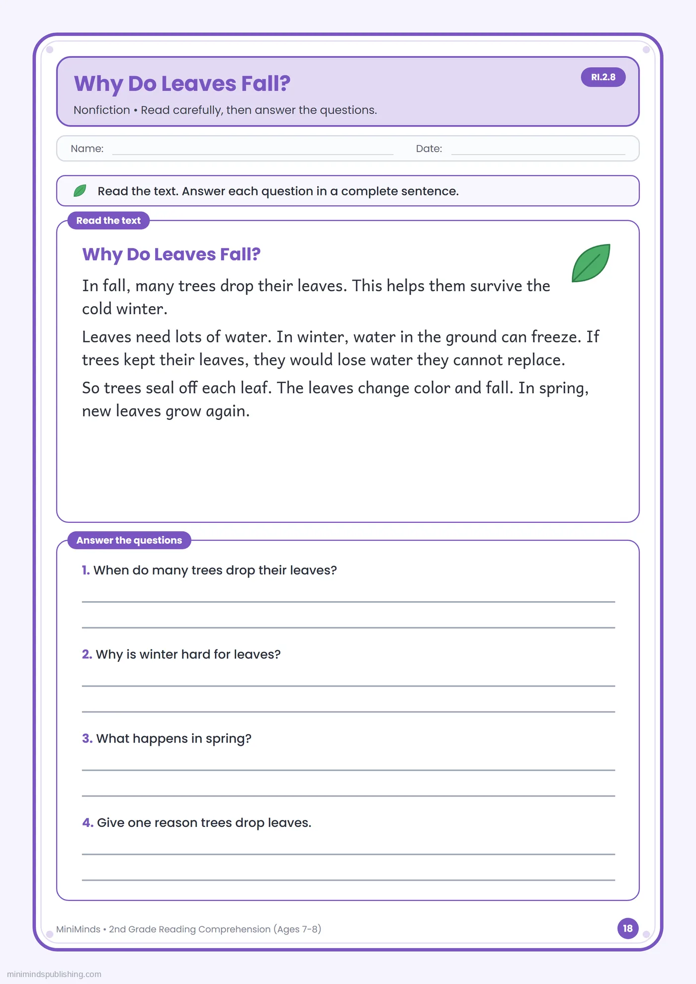 Why Do Leaves Fall? — free printable 2nd Grade reading comprehension worksheet for ages 7-8