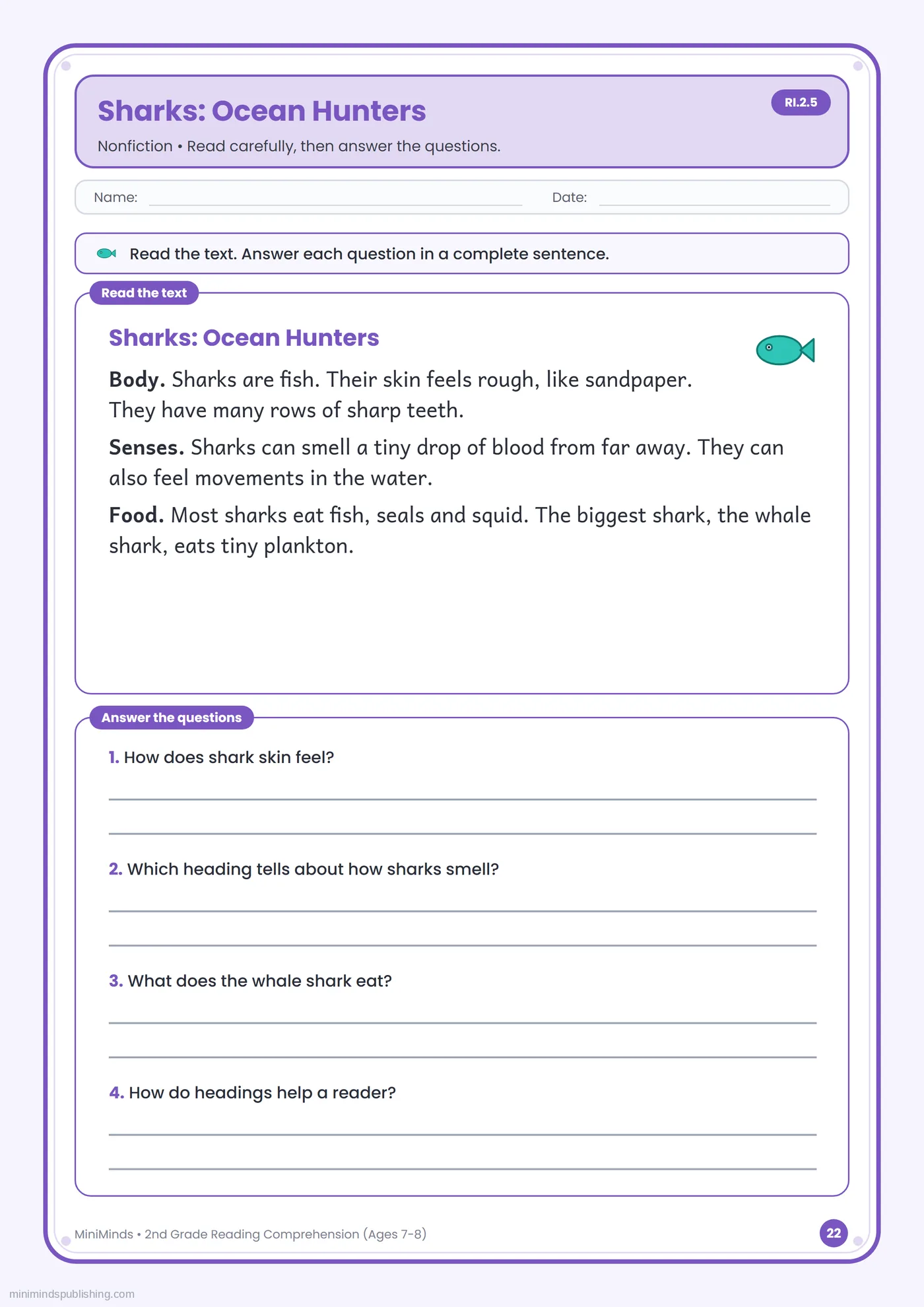 Sharks: Ocean Hunters — free printable 2nd Grade reading comprehension worksheet for ages 7-8