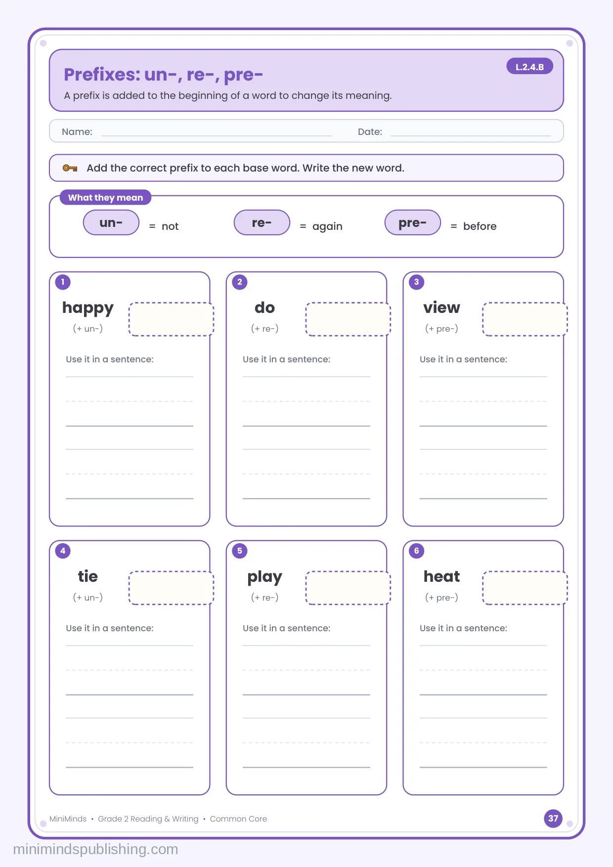 Prefixes: un-, re-, pre- — free printable 2nd Grade reading & writing worksheet for ages 7-8
